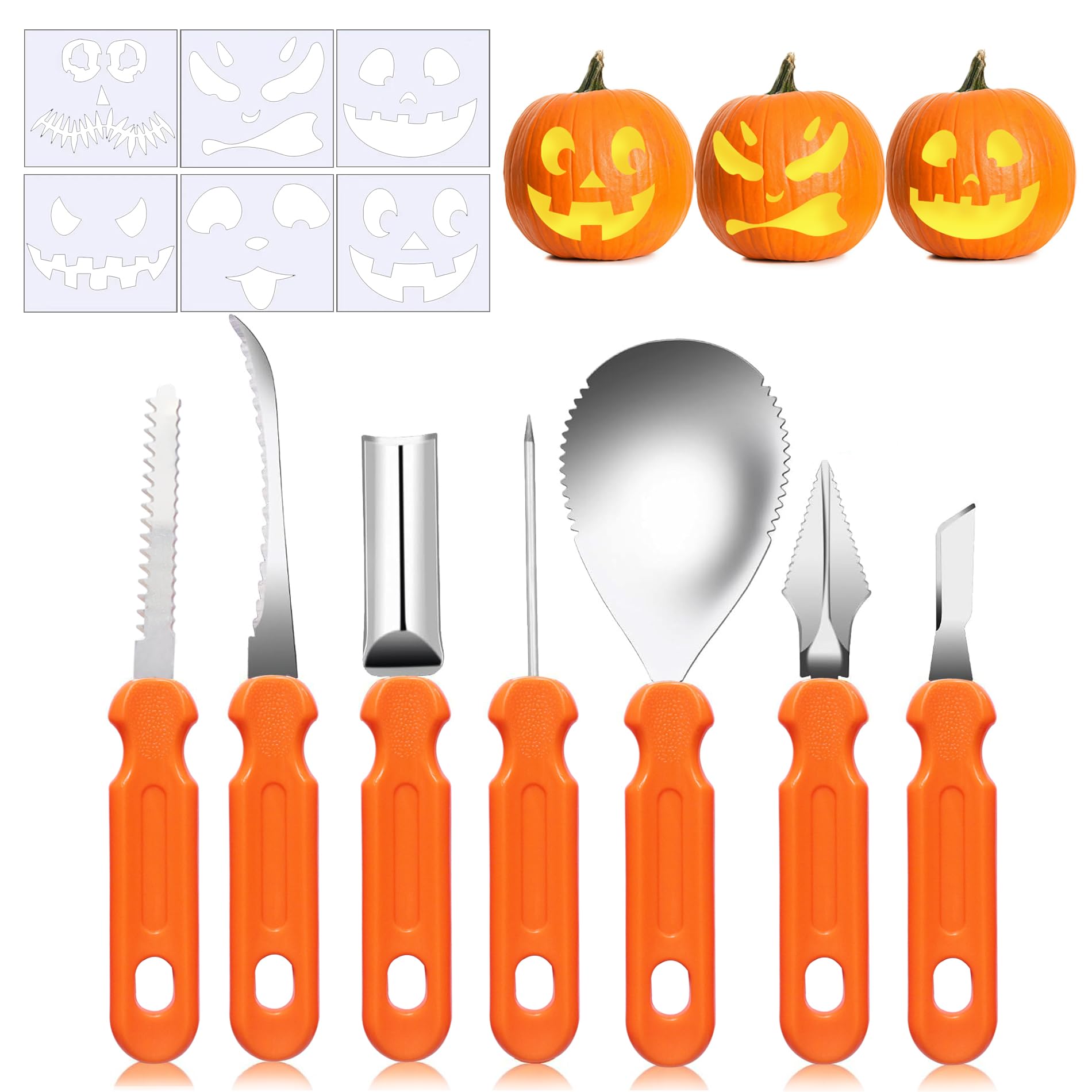 UDIKEFO Halloween Kürbis Schnitzset, 7 STK Kürbis Schnitzen Set mit 6 PVC schnitzvorlagen DIY Halloween Dekoration Edelstahl Kürbis Schnitzwerkzeuge für Kinder und Familie Angebot bei HelloDeals