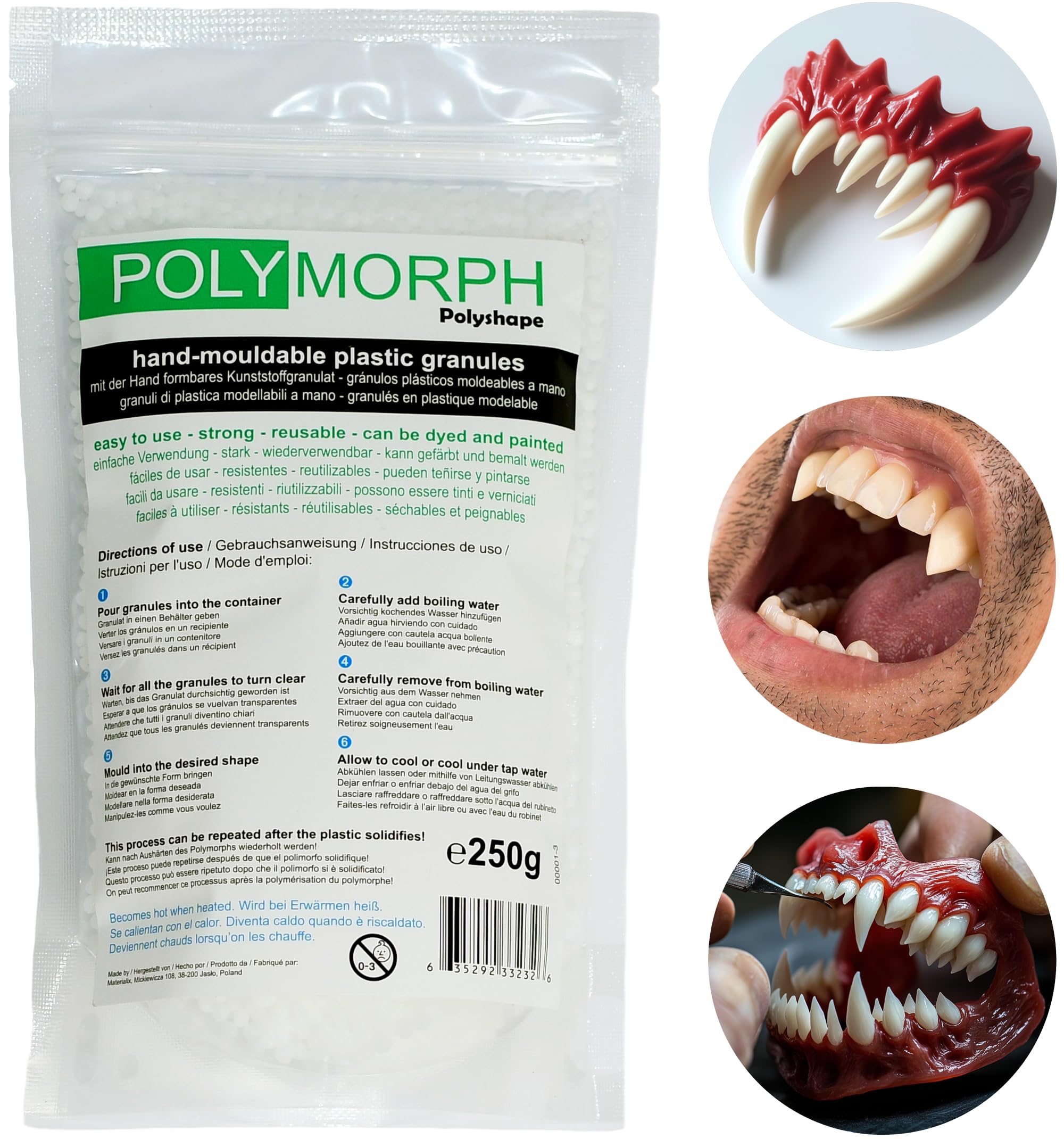 Polyshape Polymorph - formbare Plastikgranulate für Halloween, Vampirzähne, Zahnprothesen, Spezialeffekte, Vampir zähne – für Erwachsene und Kinder Vampir zähne - 250g Beutel Angebot bei HelloDeals