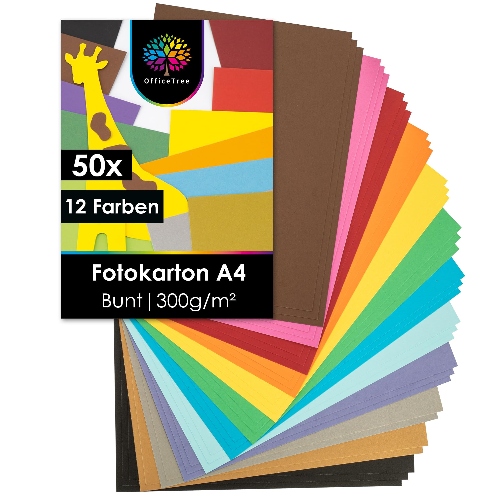 OfficeTree 50x Bastelkarton A4 300g - 12 Farben - Tonkarton A4 Bunt - Pappkarton - Pappe zum Basteln - Fotokarton 300g Mehrfarbig Angebot bei HelloDeals