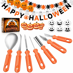 Halloween Kürbis Schnitzset, 24 Stück Kürbisschnitz Set mit Kürbis Schnitz Vorlagen Halloween Dekoration Banner&Luftballons, Edelstahl Pumpkin Schnitzwerkzeuge für Kinder und Famile Herbstdeko Angebot bei HelloDeals