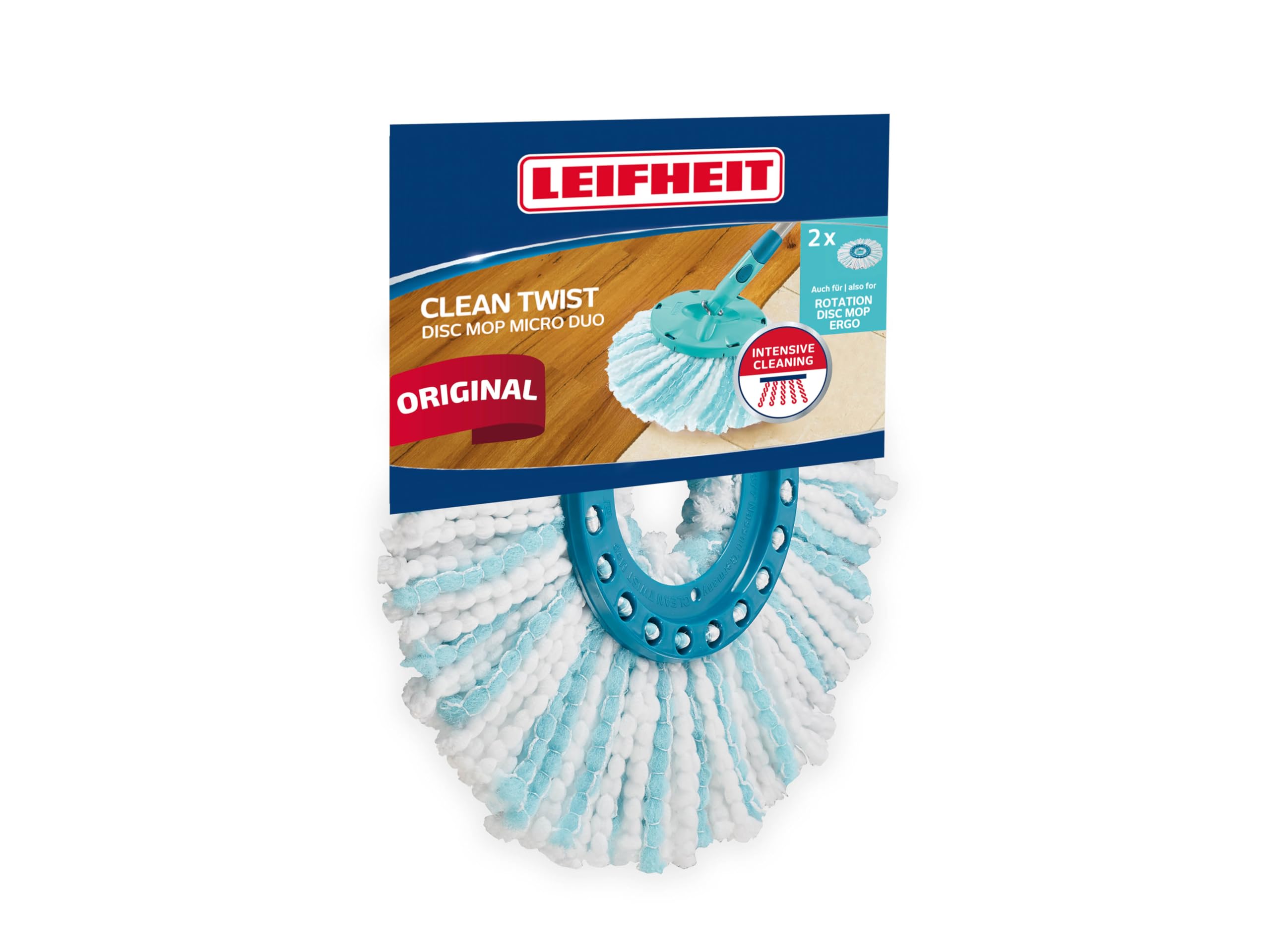 Leifheit 2er Set Ersatzkopf CLEAN Twist Disc Mop Micro Duo, für alle Bodenarten, ideale Schmutzaufnahme Dank 2-Faser-System, saugfähiger Microfaser, mit hoher Wasser- und Schmutzaufnahme, Ersatzbezug Allrounder Angebot bei HelloDeals