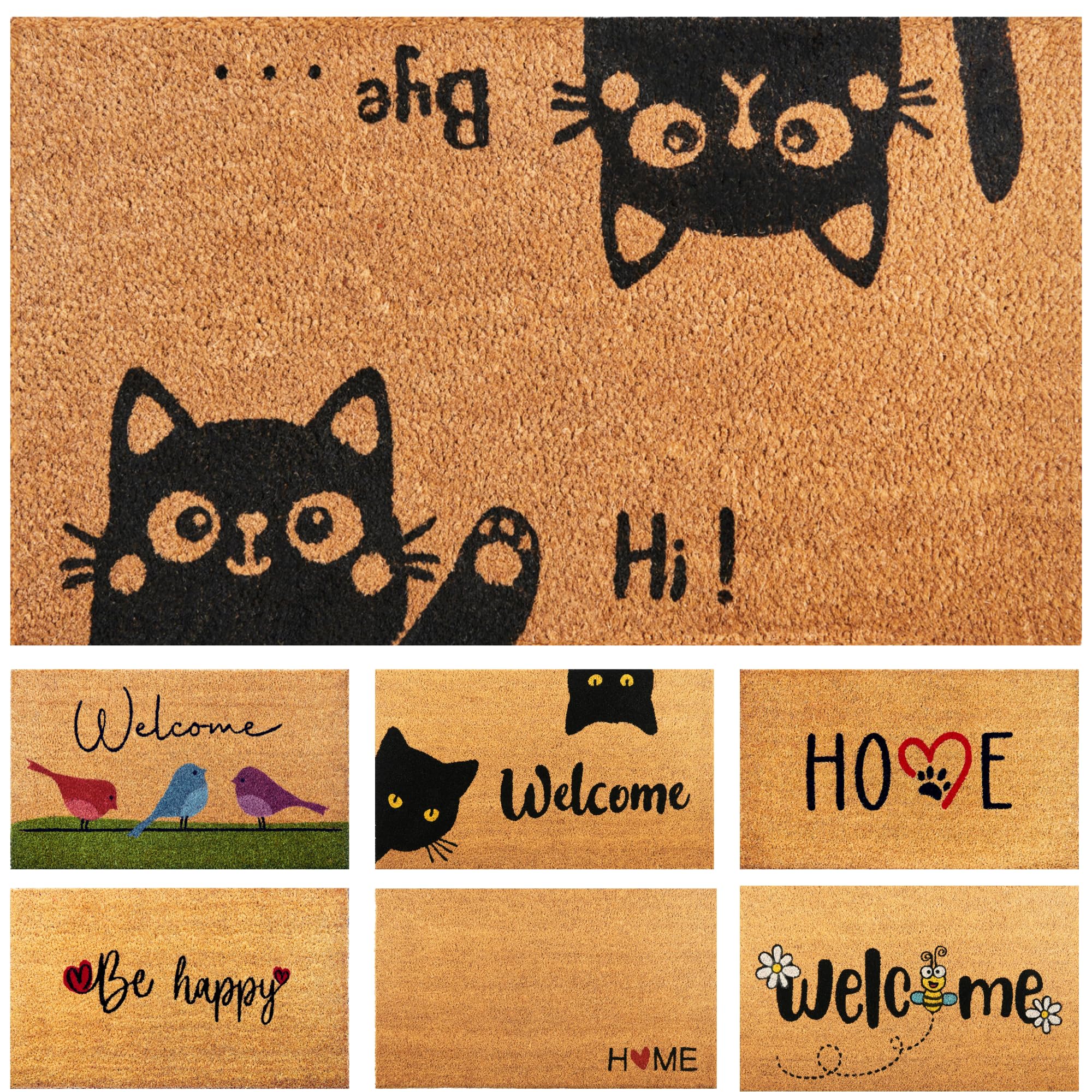 Fußmatte Kokosfaser Hi-Bye Katze - 70x40cm - Willkommens Fussmatte mit Antirutsch PVC & Kokos Oberfläche - für Hauseingänge, Flure, Außentüren, Wohnaccessoires - Schlichtes Originaldesign Angebot bei HelloDeals