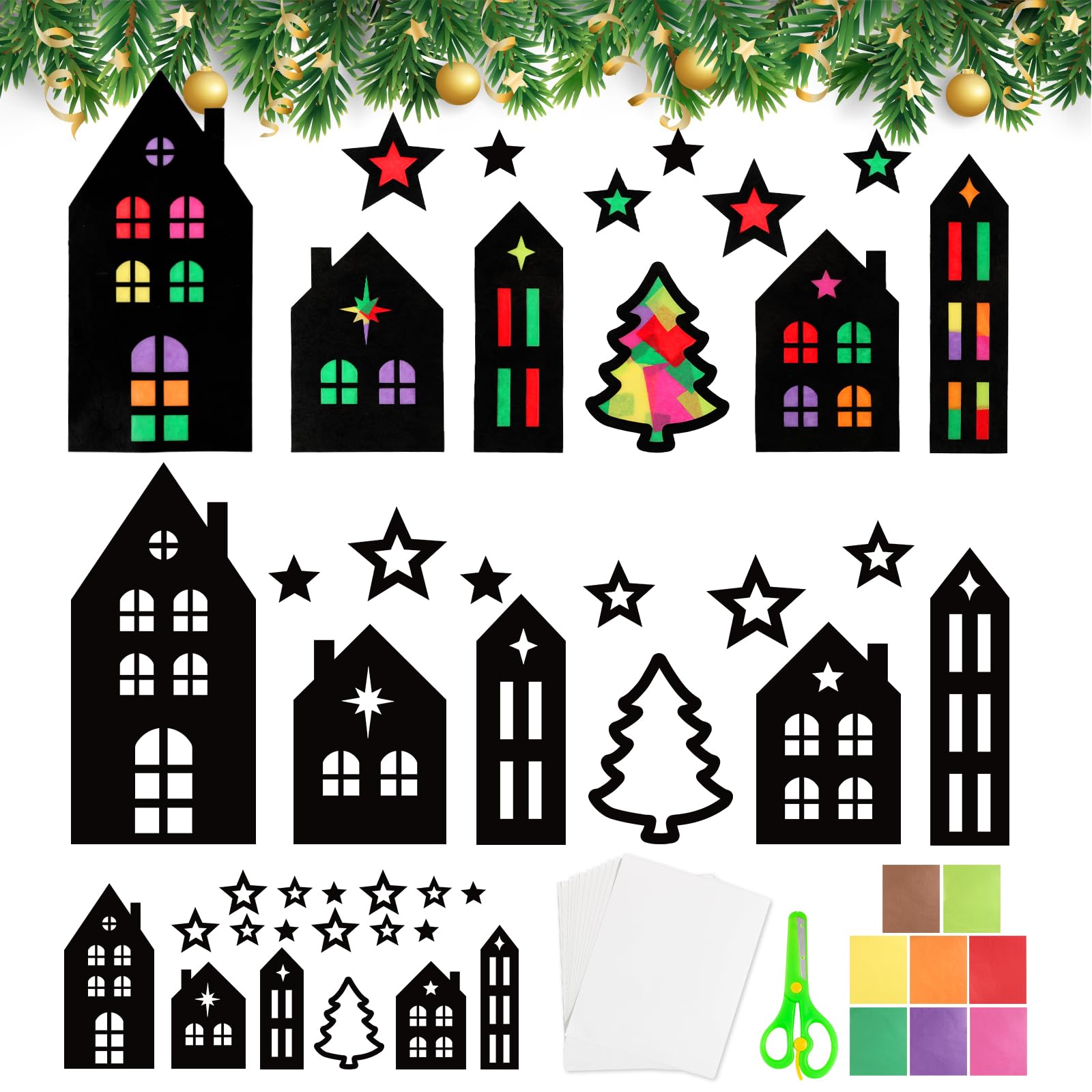 BOOMTOP 12 Weihnachten Basteln Fensterbilder Haus Weihnachtsbaum Sterne Bastelset Kinder Fensteraufkleber Bunte Weihnachten Deko Fenster Sticker Weihnachtshaus Schablonen Winter Silvester Geschenke Weihnachtshäuser Angebot bei HelloDeals