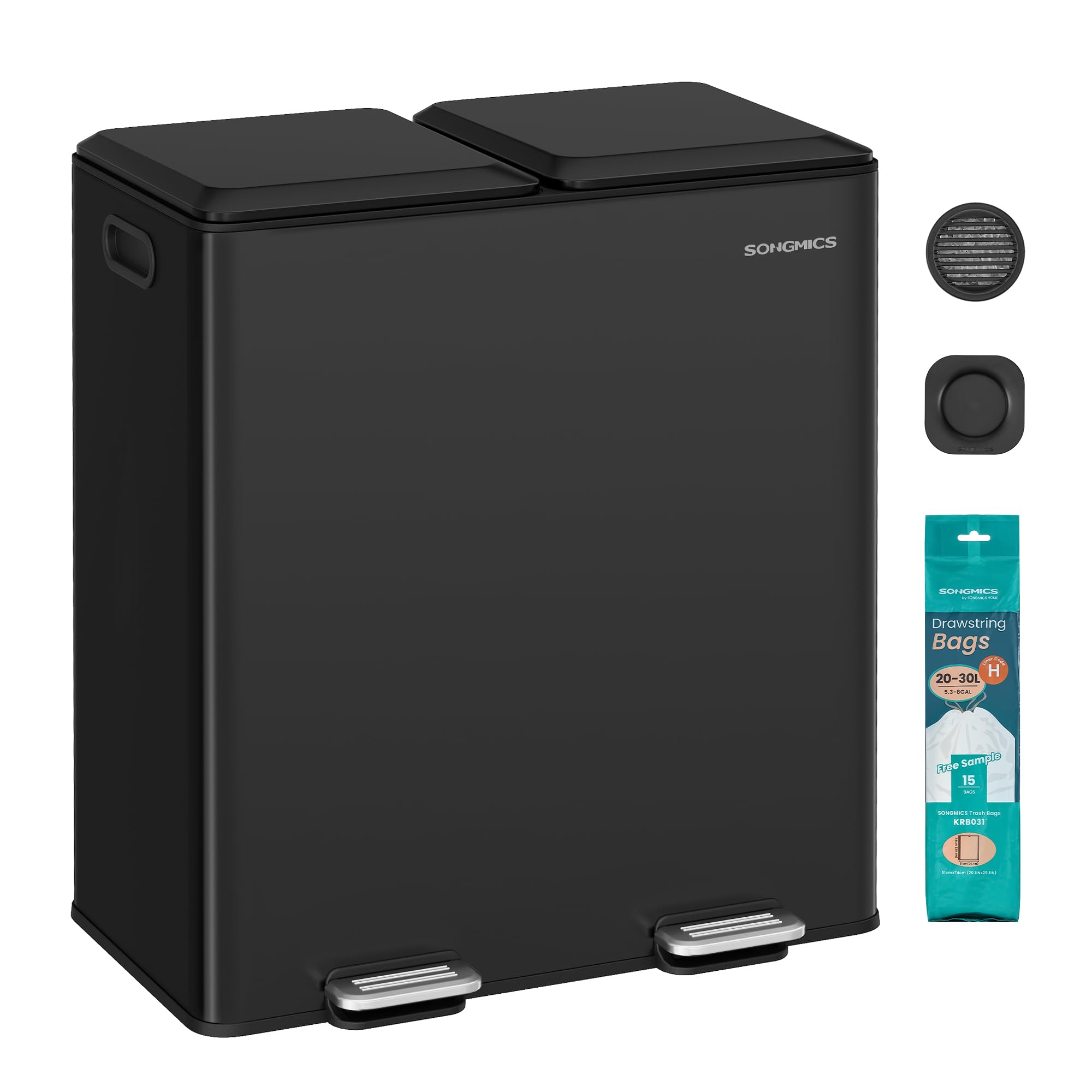 SONGMICS Mülleimer Küche, 2 x 30 L, 2 Fächer, Mülltrennsystem, Softclose, herausnehmbare Inneneimer, Pedalen, Stahl, tintenschwarz LTB743B02 Angebot bei HelloDeals
