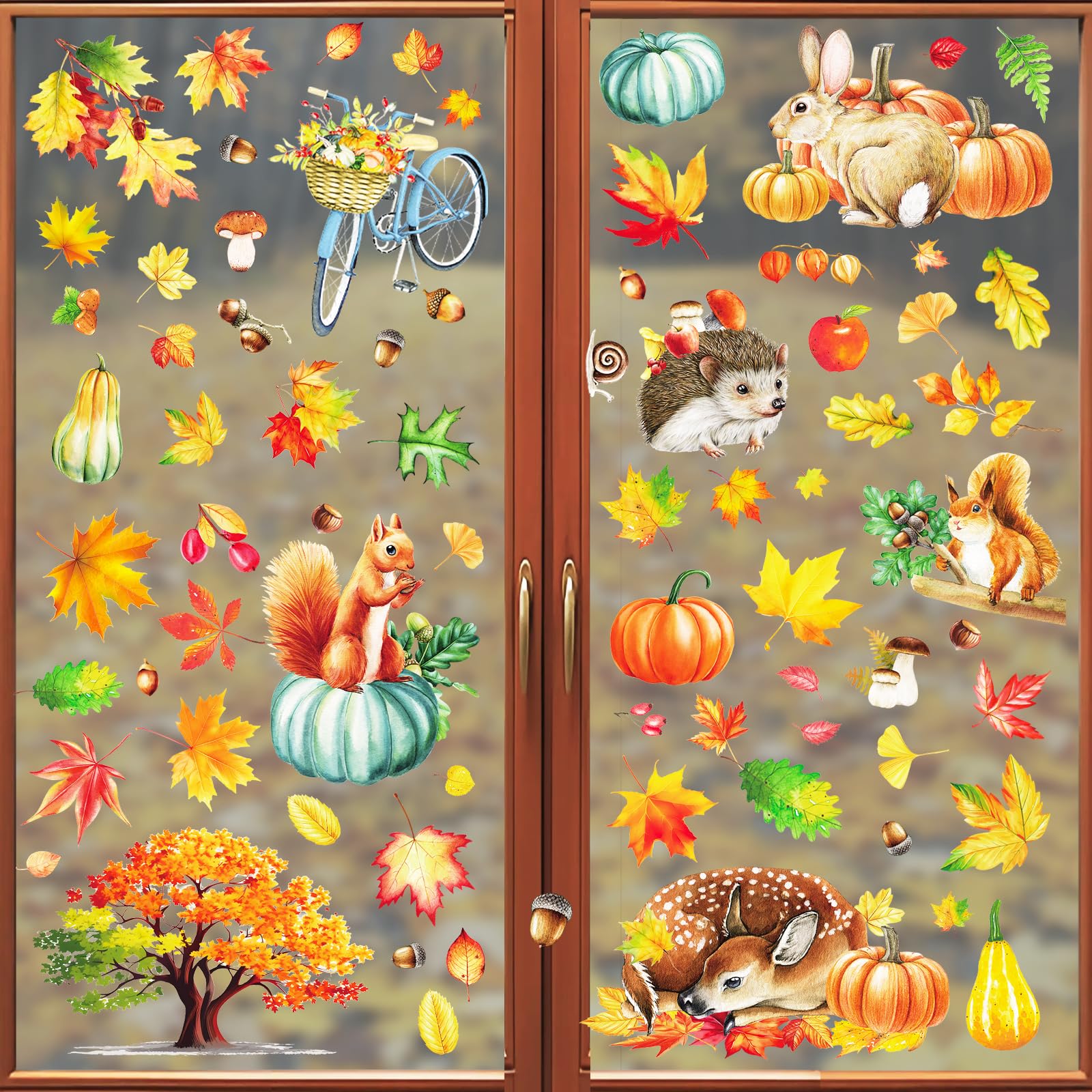 QIURUYUE 9 Blättern Herbst Fensterbilder Selbstklebend, 84 Stück Thanksgiving Herbstdeko Fenster Aufkleber Ohne Kleber, Ahornblätter Kürbis Kleintiere Fensterdeko Herbst für Kinderzimmer Cafe Angebot bei HelloDeals