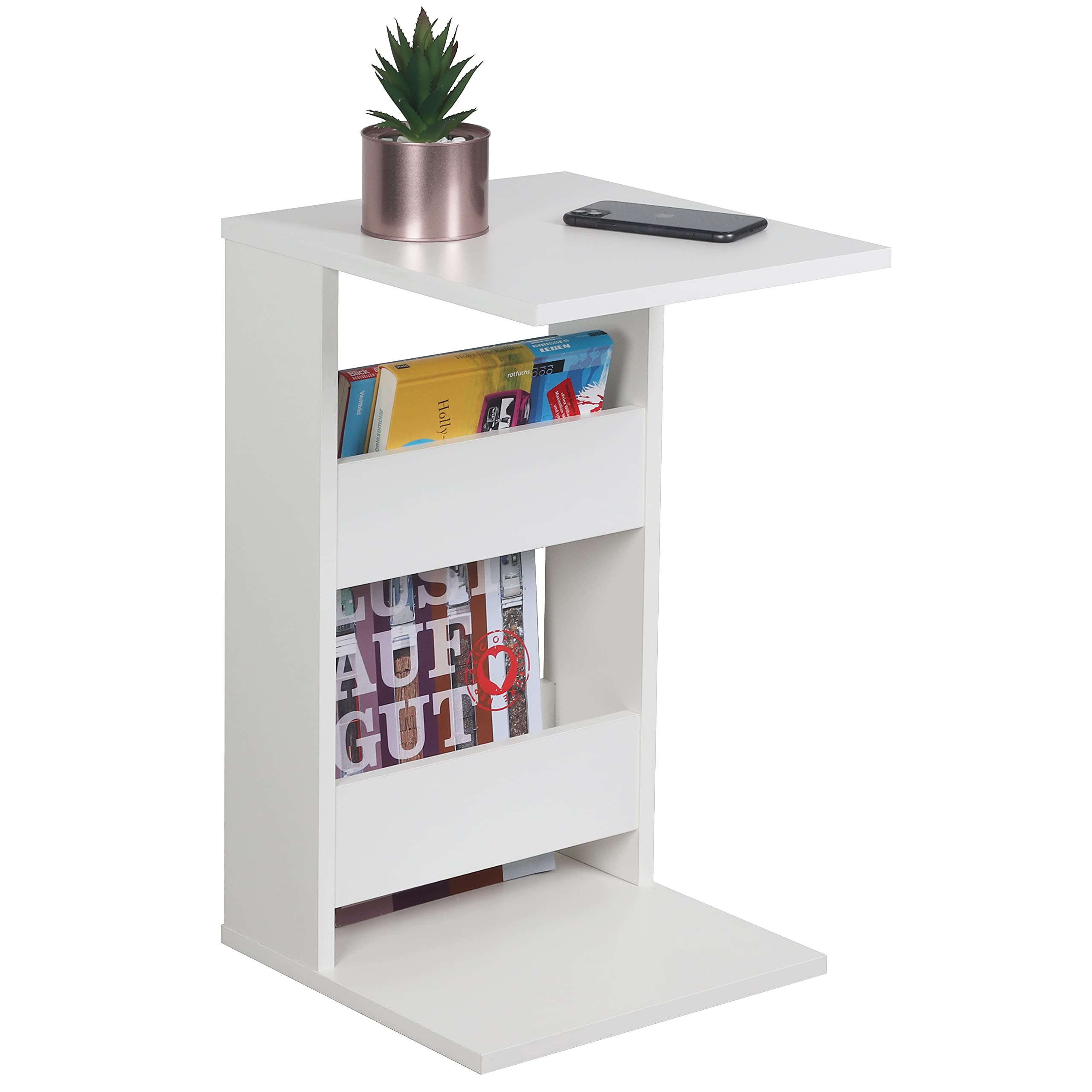 RICOO Kleiner Beistelltisch Holz 35 x 60 x 40 cm WM042-WM Couchtisch mit Stauraum Weiß Wohnzimmertisch Kleiner Tisch Wohnzimmer Sofatisch Beistelltische C Form Konsolentisch Angebot bei HelloDeals