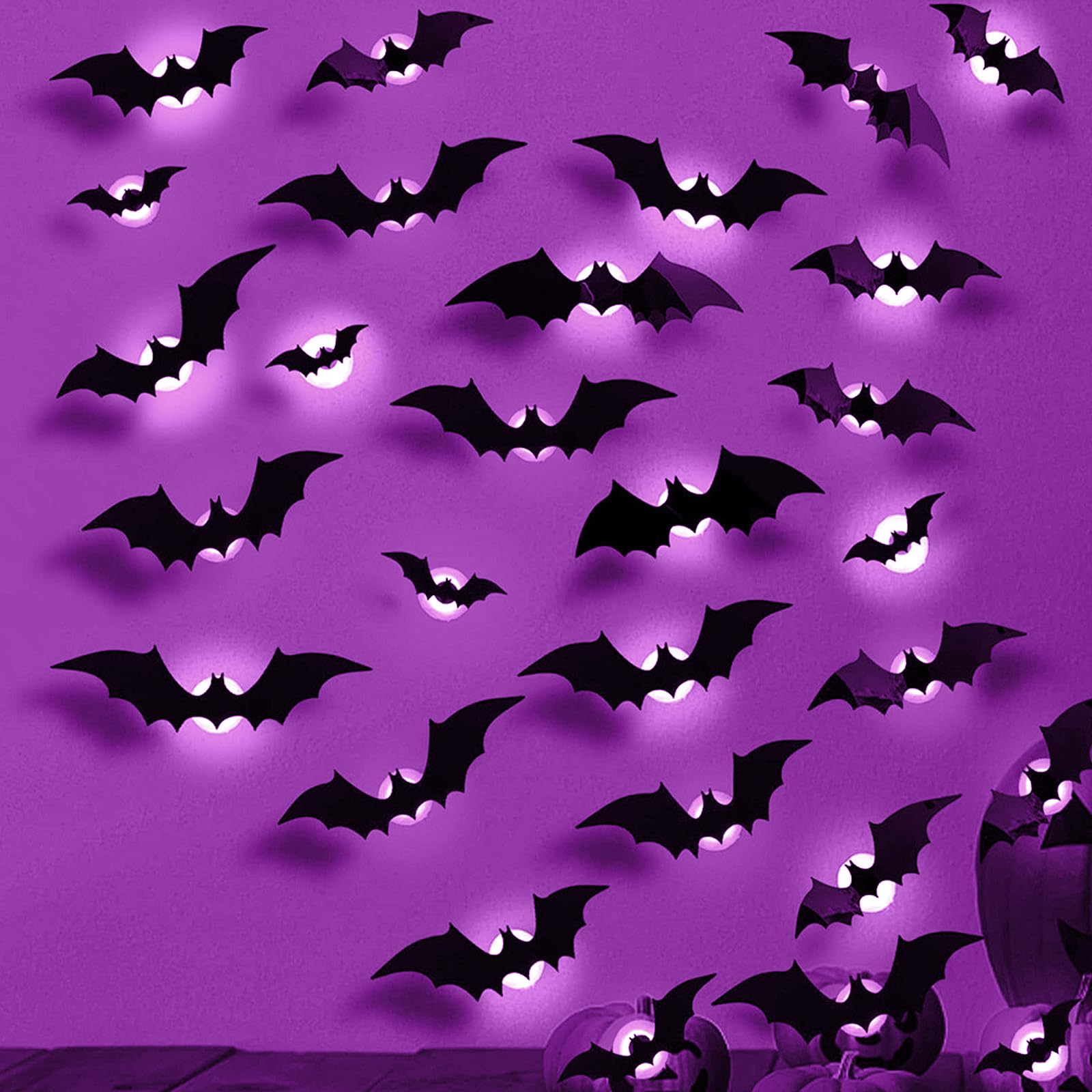Efymosce Halloween Fledermäuse Deko, 24 Stück LED Lila Fledermaus Dekoration, Wandaufkleber 3D Halloween Deko Set Outdoor für Außen, Party, Fenster,Wandaufkleber, Schlafzimmer, Wohnzimmer Angebot bei HelloDeals