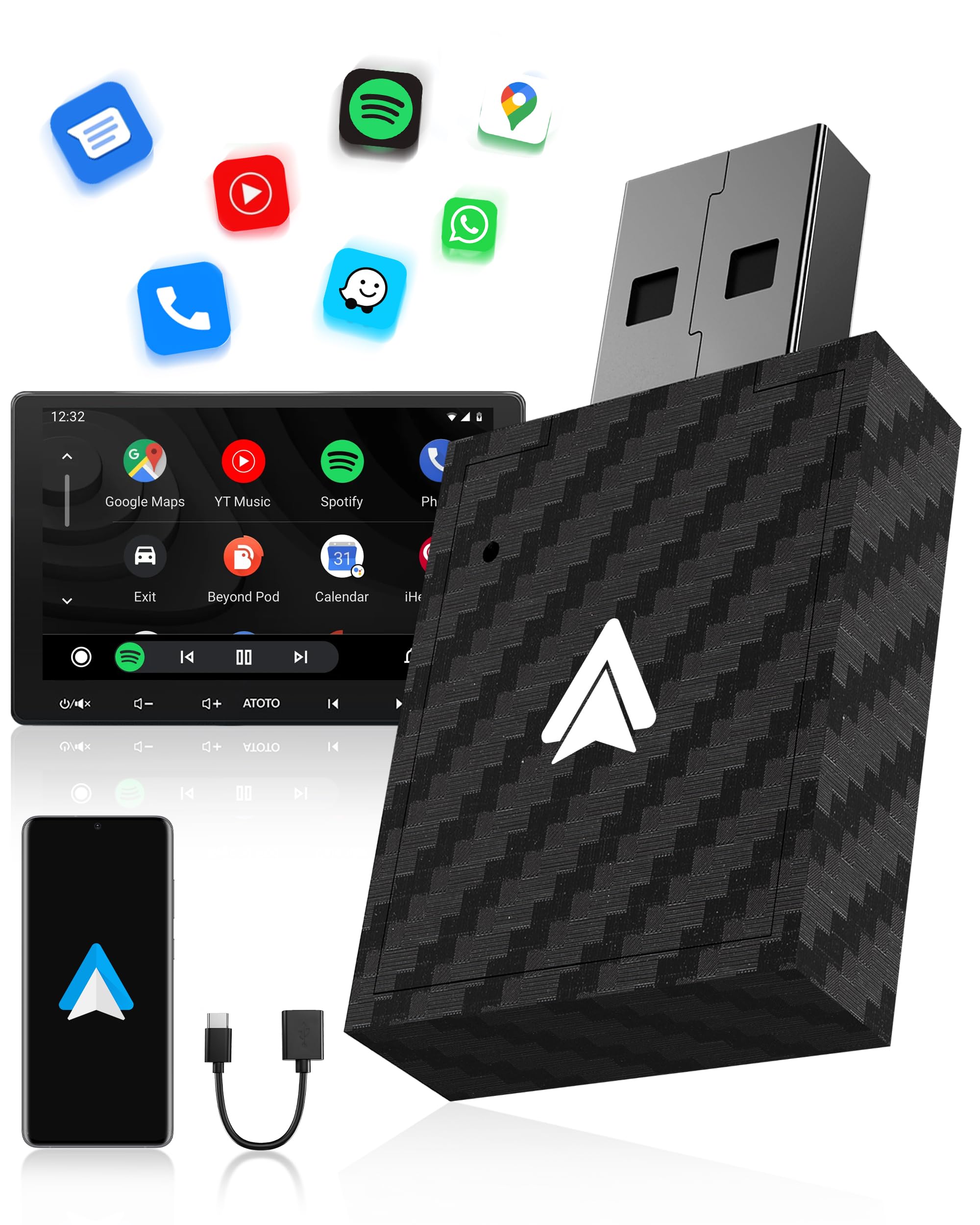WityEye Android Auto Wireless Adapter, V5.3 Bluetooth Stabile Verbindung, 5.8 GHz WiFi Schnelle Datenübertragung, Wandelt Kabelverbindung in Kabellos um, für Smartphone Android 11+ Angebot bei HelloDeals