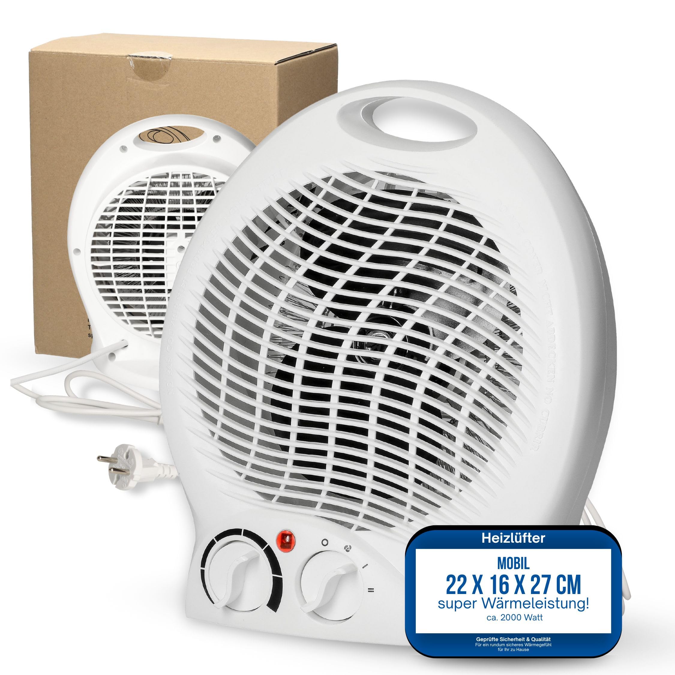 Heizlüfter 'Mobil' 2000W inkl. Ventilator - Standheizköper sehr leise - tragbares Heizgerät mit Thermostat & 4-Stufen-Schalter - energiesparender Fan & Lüfter (Weiß) Klein Angebot bei HelloDeals