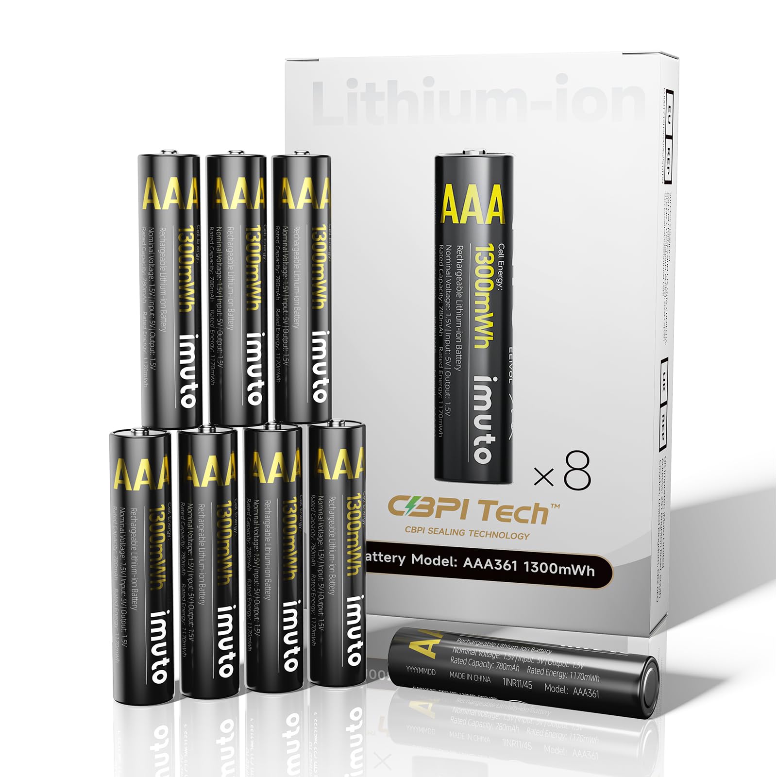 imuto Wiederaufladbare Lithium Akkus AAA 8-Pack, 1300mWh Hohe Kapazität 1.5V AAA Batterien 1300-IMU8AAA Angebot bei HelloDeals