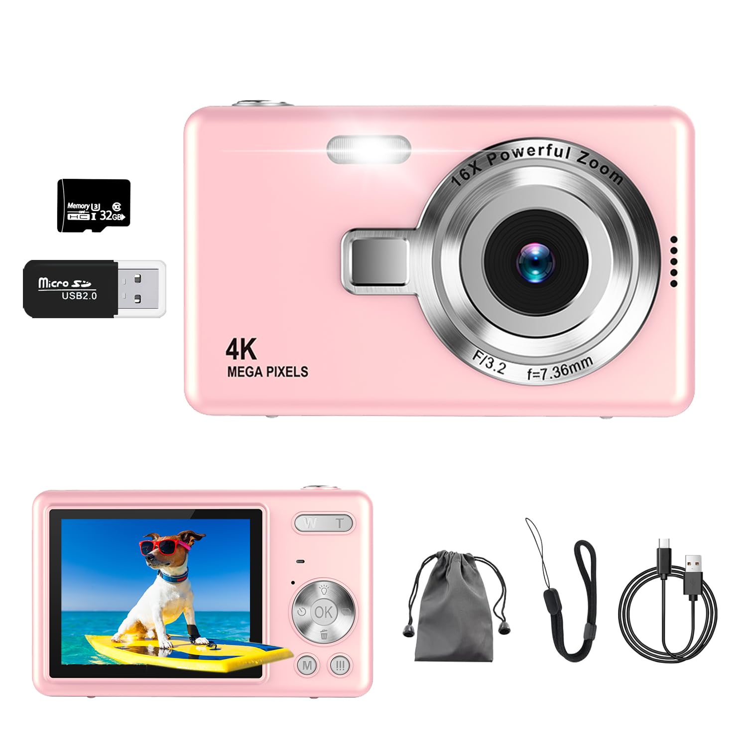 Digitalkamera, UHD 4K 50MP Kamera Fotoappara mit 32GB SD-Karte, 16X Digitalzoom, Wiederaufladbarer Akku, Tragbare Vlog Kamera für Kinder Teenager Student Anfänger Rosa Angebot bei HelloDeals