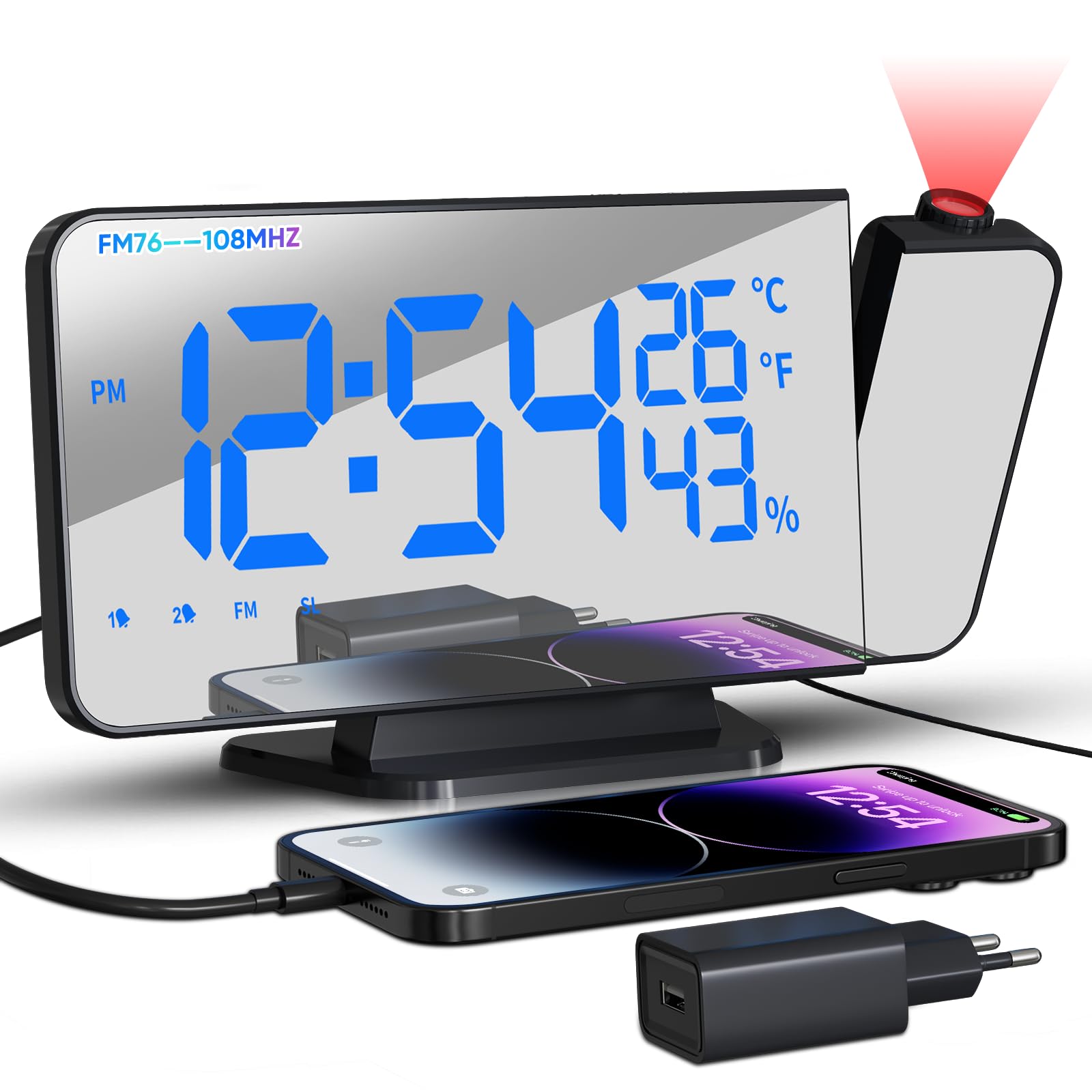 TAKRINK Projektionswecker Radiowecker mit 4 Stufen Bildschirmhelligkeit Digitalwecker mit 12 / 24H Projektionsanzeige 15 Lautstärkestufen 180° Projektor für Erwachsene, Kinder Marineblau Angebot bei HelloDeals