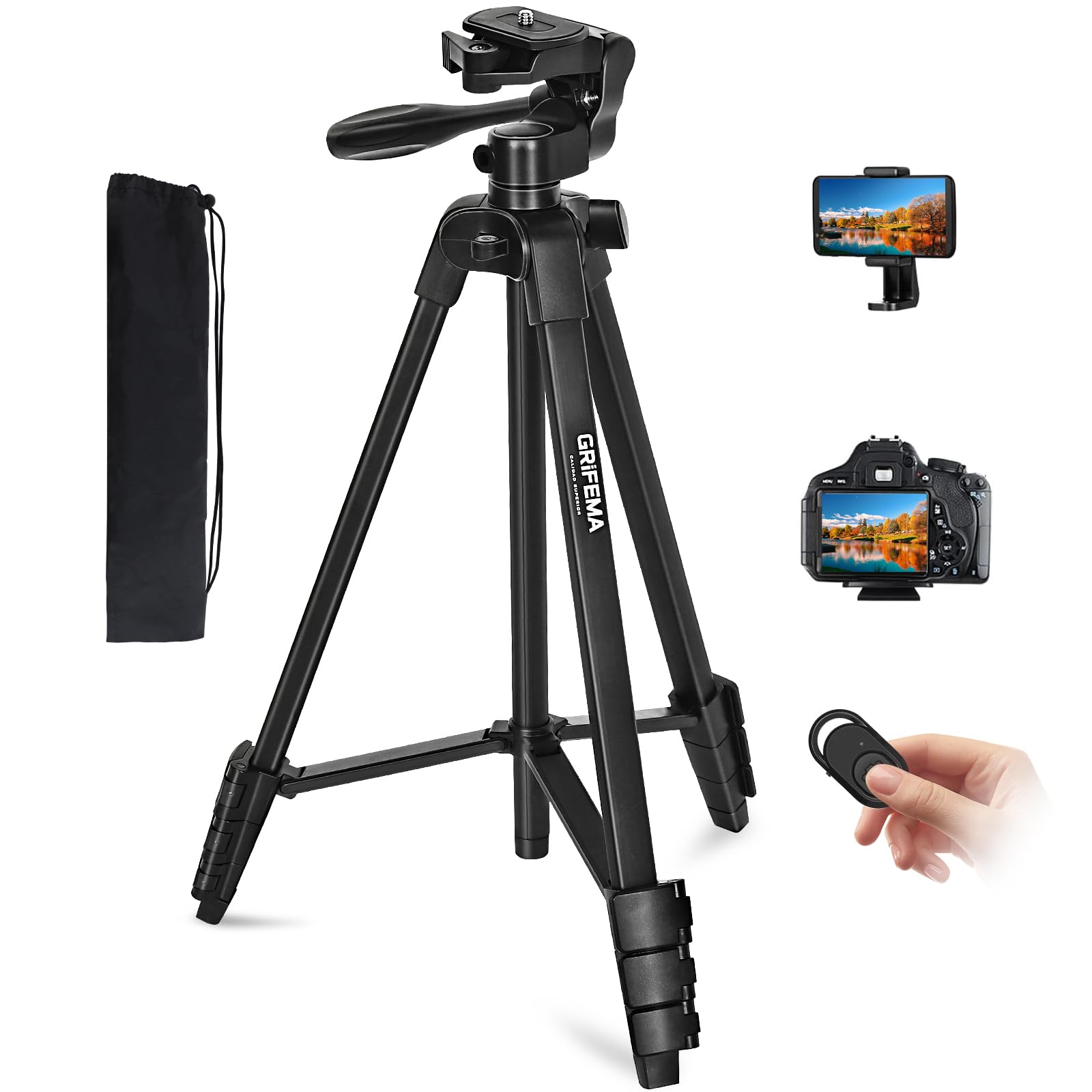 GRIFEMA Kamera Handy Stativ, 140 cm Aluminium Fotostativ für Handy und Kamera mit Bluetooth-Fernbedienung, Höhenverstellbarem Halter, Kompatibel mit iPhone, Android und DSLR-Kameras, GB1001 Angebot bei HelloDeals