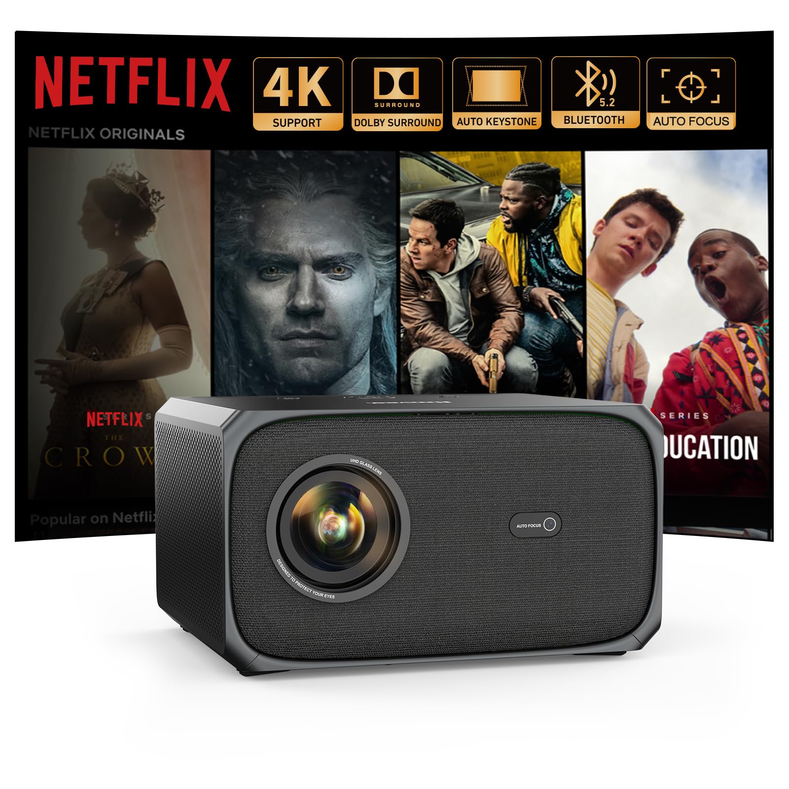 Beamer 4K Passend für Netflix Dolby Audio 35000L 1080P FHD Smart Beamer Heimkino, KI-Autofokus & Trapezkorrektur Jimveo Projektor mit Zwei-Wege Bluetooth WiFi6 Outdoor 300" Display Video Projektor Schwarz Angebot bei HelloDeals