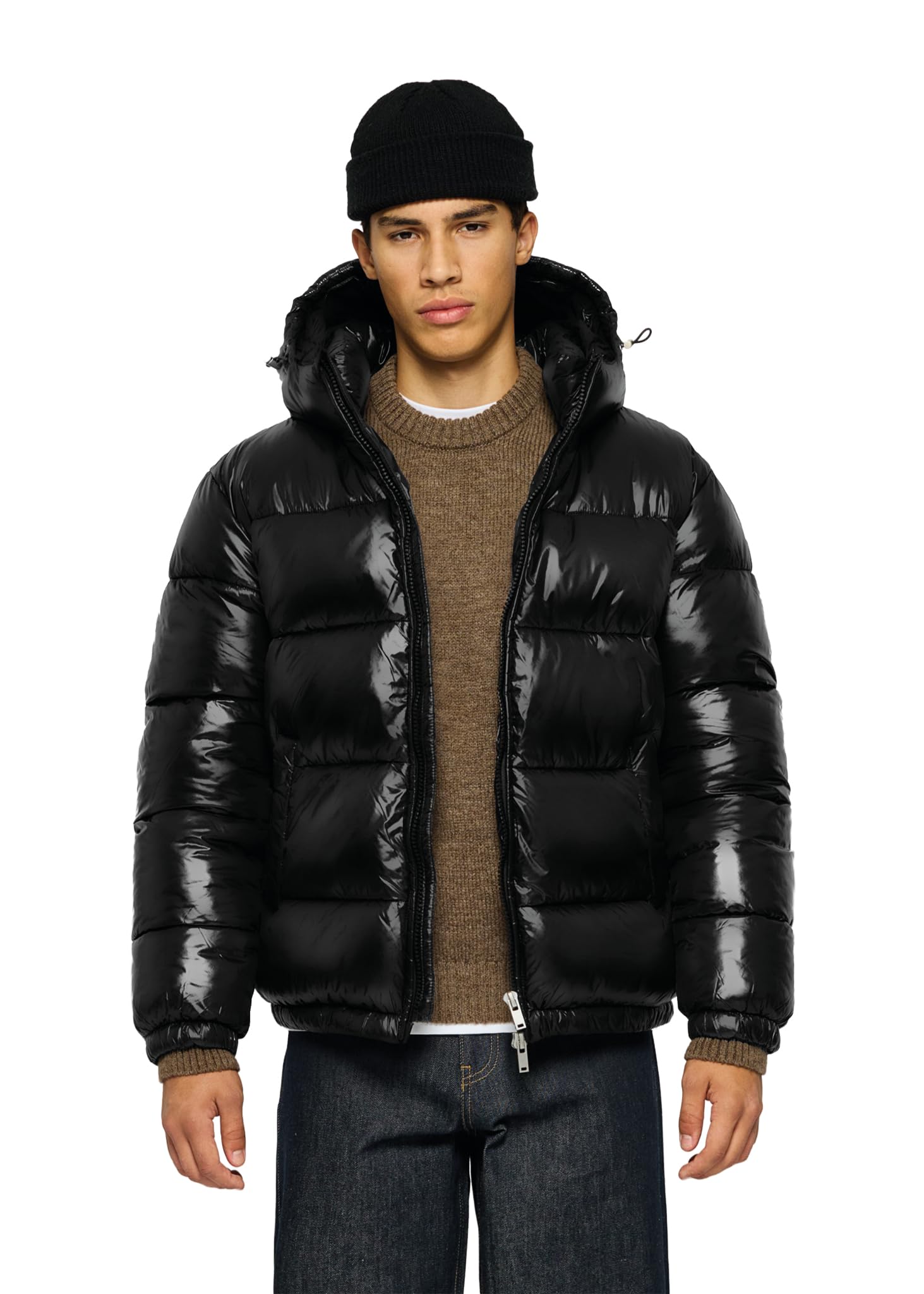 Burocs Glossy Puffer Jacket - Brown - Oversized Herrenjacke - verstellbare Kapuze - glänzendes Material - Innentasche M Schwarz Angebot bei HelloDeals