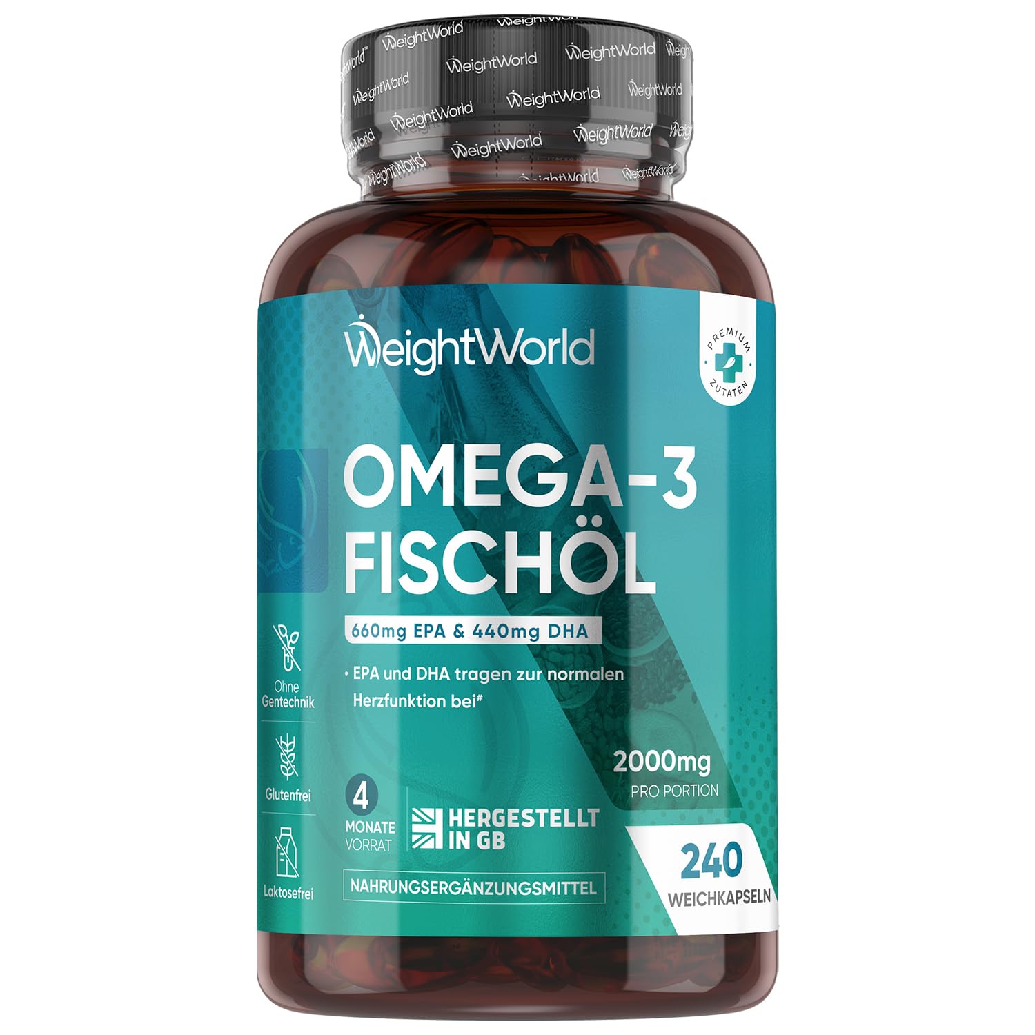 Omega 3 Weich-kapseln - 2000mg Fischöl mit 1100mg Omega-3, 660mg EPA & 440mg DHA pro Portion - 240 Softgels - EPA & DHA tragen zur normalen Herzfunktion bei (EFSA) - fish oil - WeightWorld Angebot bei HelloDeals