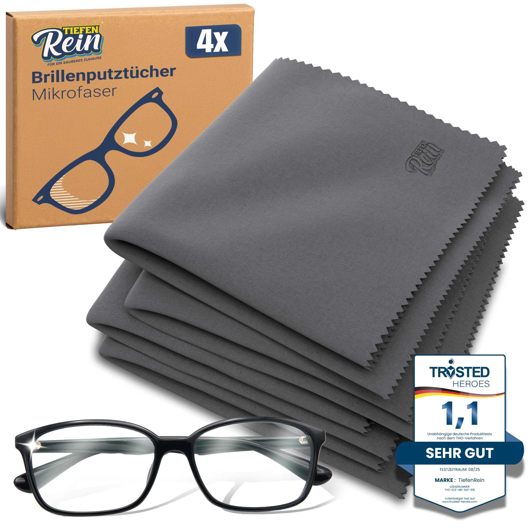 TiefenRein Brillenputztücher Mikrofaser 4X Grau - 20x20cm Extra Weich – Bildschirm Reinigungstücher, Brillenputztuch Groß, Microfaser Brillenputztuch für Klare Sicht und Sanfte Pflege der Brille 4 Stück Anthrazit Angebot bei HelloDeals