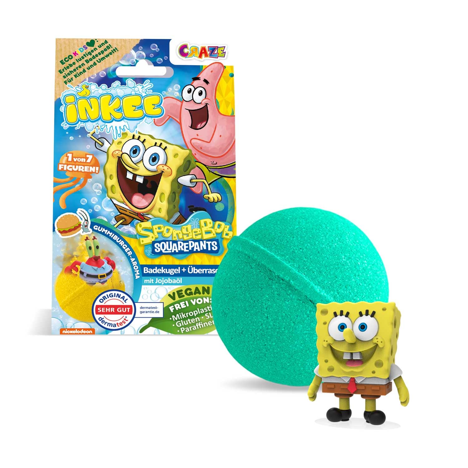 INKEE SpongeBob - Badebombe Kinder mit Überraschung - SpongeBob Schwammkopf Figuren zum Sammeln - Badekugel 80g mit Burgergummi-Aroma und Jojobaöl, Türkis oder Gelb 1x Spongebob Badebombe mit Überraschung Angebot bei HelloDeals