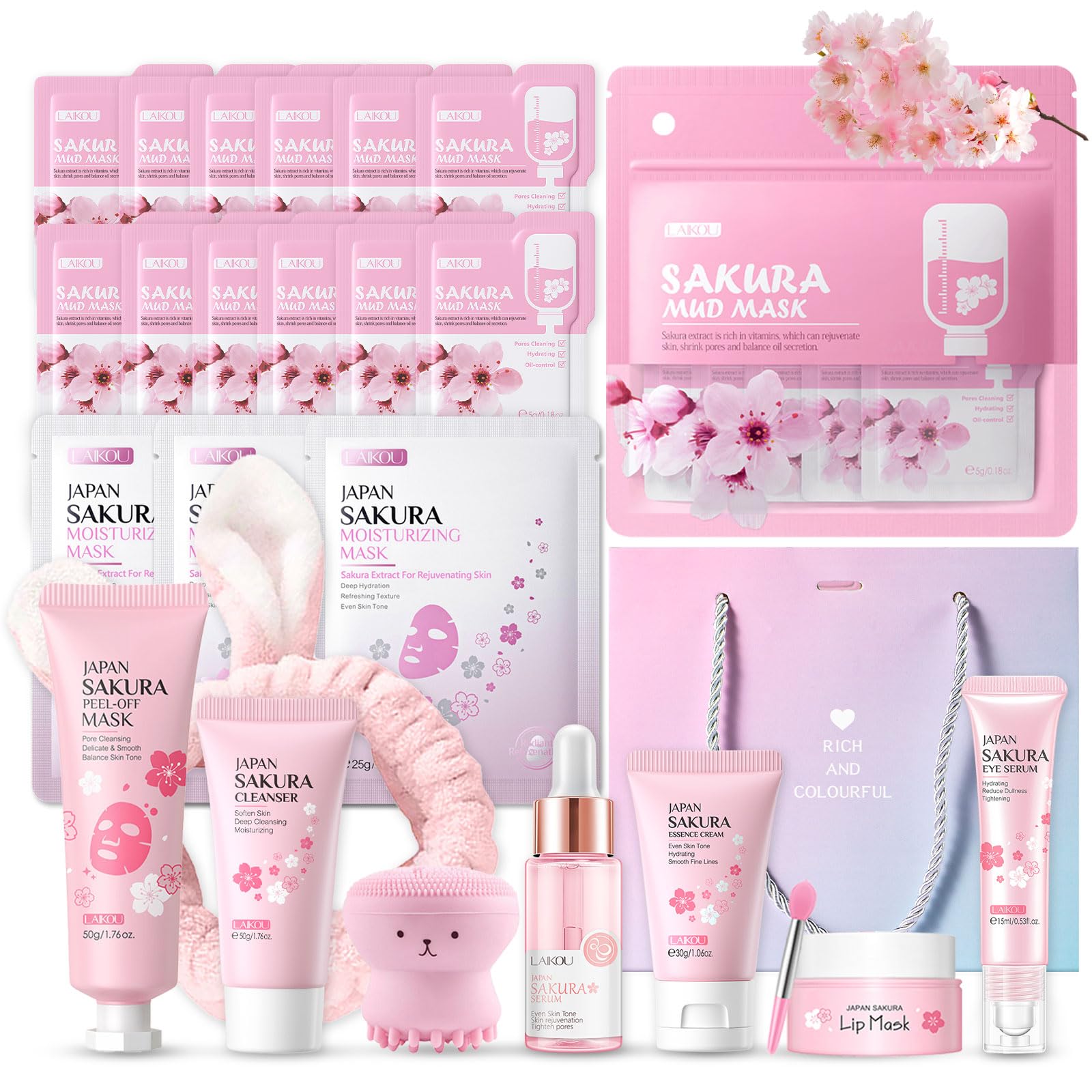 Sakura Sakura Gesichtspflege Set Feuchtigkeit Hautpflege Sets-Serum, Gesichtscreme, Reiniger, Augenserum, Mask, Schlammmaske, Geschenke Set für Gesicht Reinigung & Pflege Skincare Set, 11-tlg Rosa lila1 Angebot bei HelloDeals