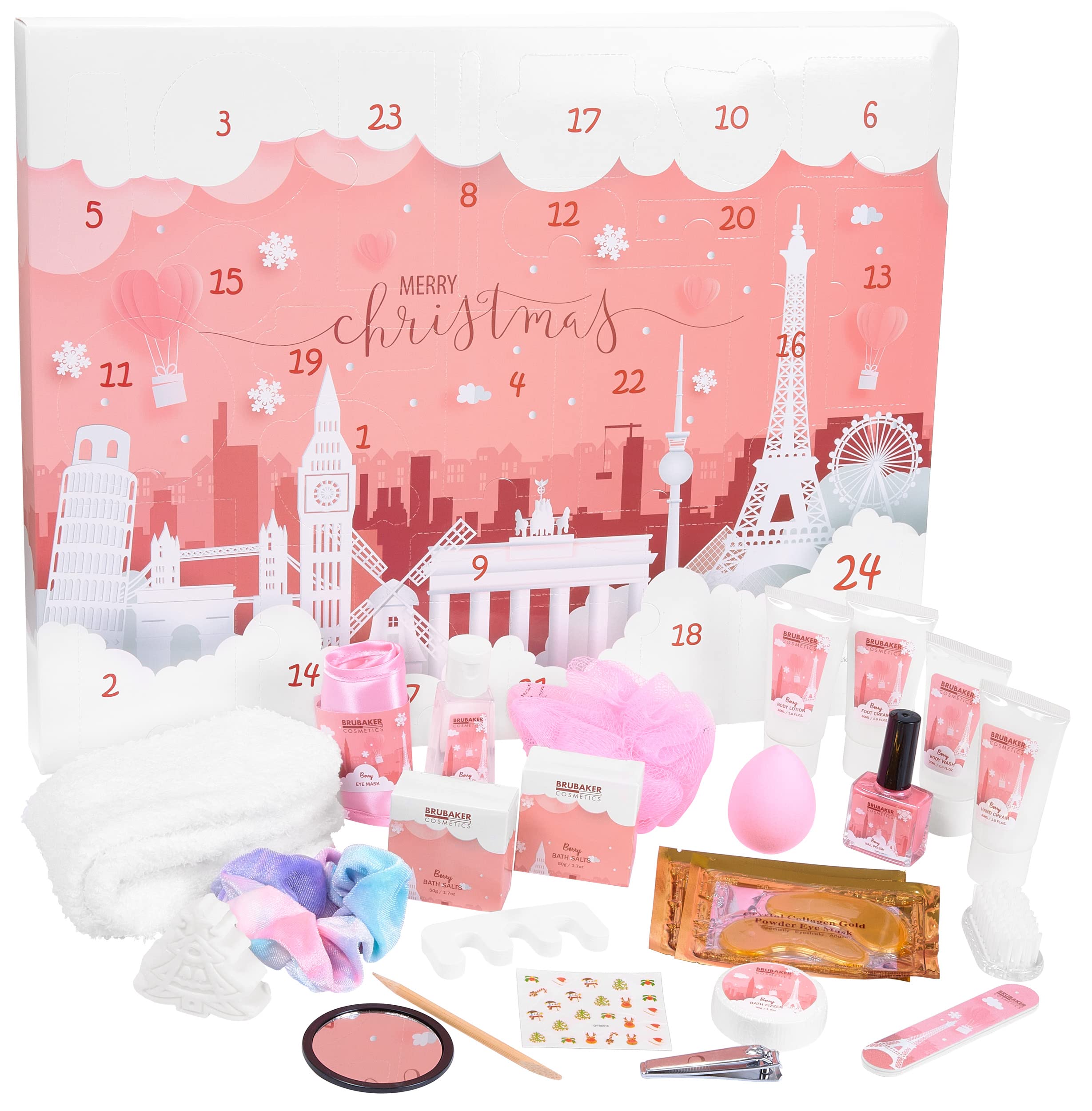 BRUBAKER Cosmetics Beauty Adventskalender 2025 - der XXL Wellness Weihnachtskalender für Frauen und Mädchen - 24 x Körperpflege Produkte & Spa Accessoires - Städte Wahrzeichen Rosa Angebot bei HelloDeals