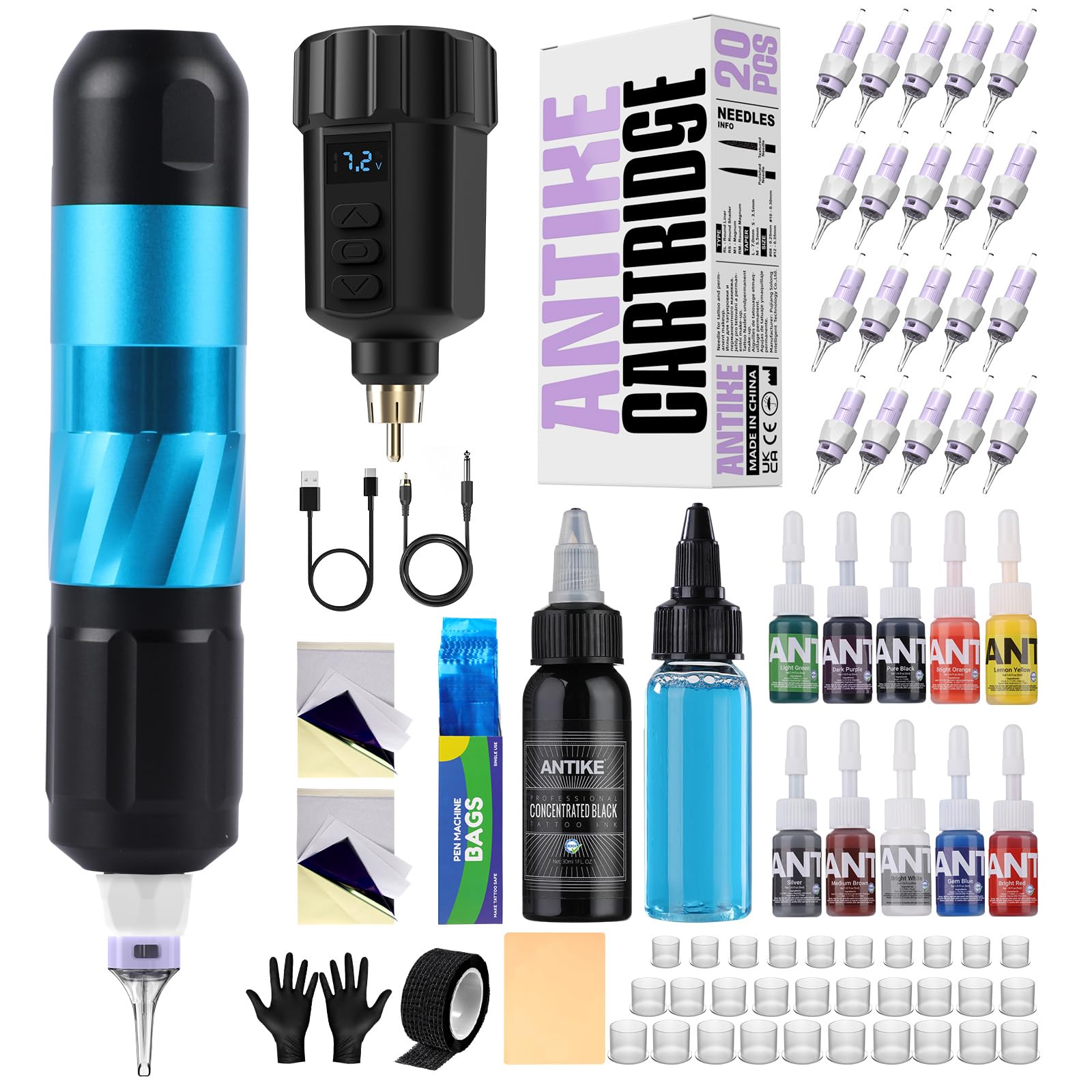 Tattoo Maschine Set Kabellos,Tattoo Kit mit 1500mAh LED-Digitalanzeige Tattoo Akku 20stk Tattoo Nadeln 11 Tattoo Farbe,Tattoo Starter Set Komplett für Anfänger und Tattoo Künstler Blau Angebot bei HelloDeals
