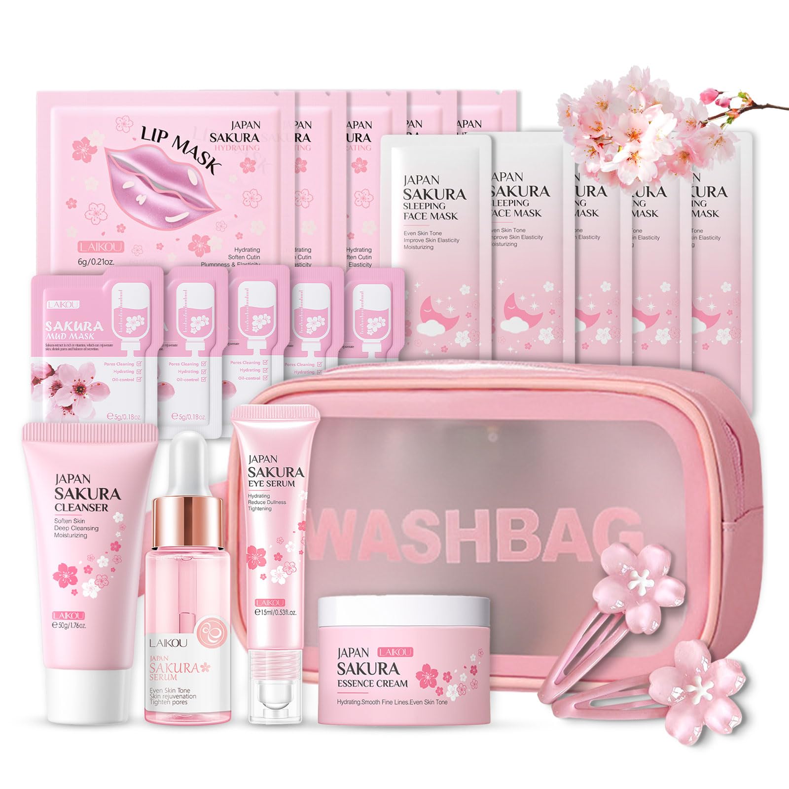 Shefave Sakura Beauty Geschenksets, Skincare Set mit Kosmetiktasche, Serum, Gesichtscreme, Reiniger, Lippenmaske， Haarnadel, Geschenk Teenager Mädchen, Gesichtspflege Set Damen, 9-tlg Dunkelrosa Angebot bei HelloDeals