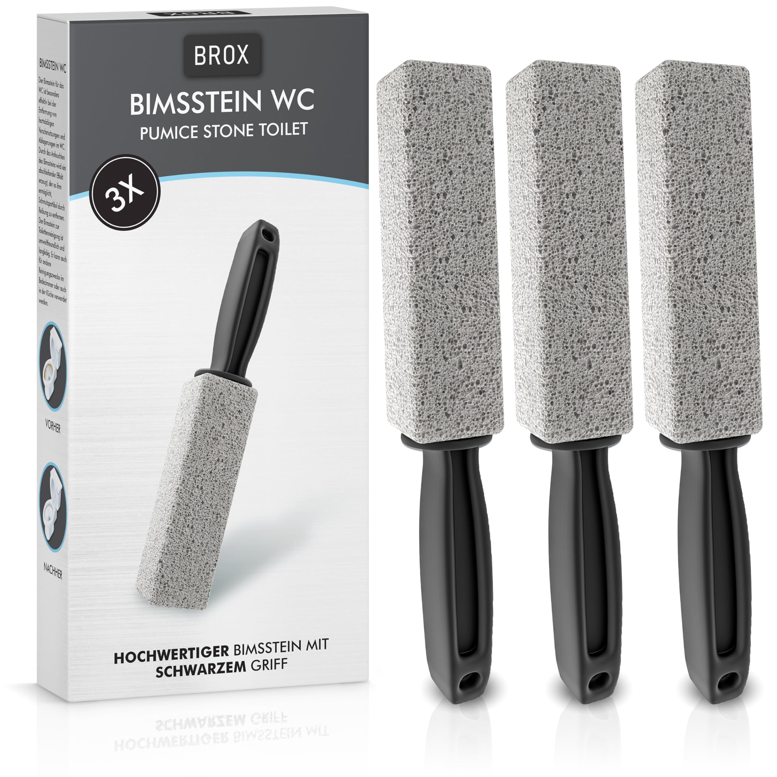 BROX Bimsstein WC 3 Stück – Klo Reiniger bei hartnäckigem Urinstein & Kalk – Pumice Stone Toilet – Toilettenstein für effektive Reinigung – Reinigungsstein – Urinsteinentferner mit schwarzem Griff 1 stück (3er Pack) Angebot bei HelloDeals
