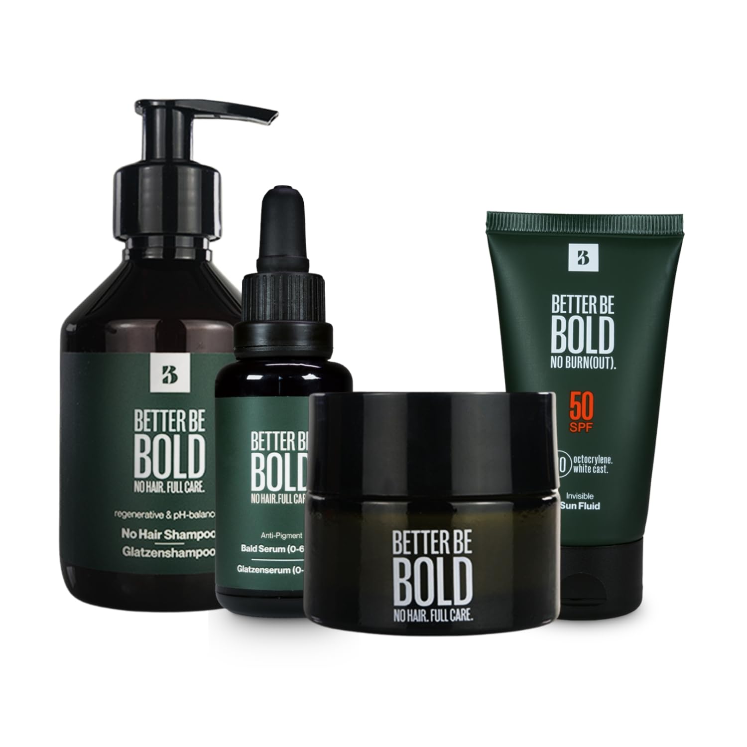 BETTER BE BOLD „VIP" Glatzenpflege-Routine (0-3mm) | Mattierende Glatzencreme (0-3mm) + Anti-Pigment Glatzenserum + Pflegendes Glatzenshampoo (0-6mm) + Invisible Sun Fluid LSF 50 Angebot bei HelloDeals