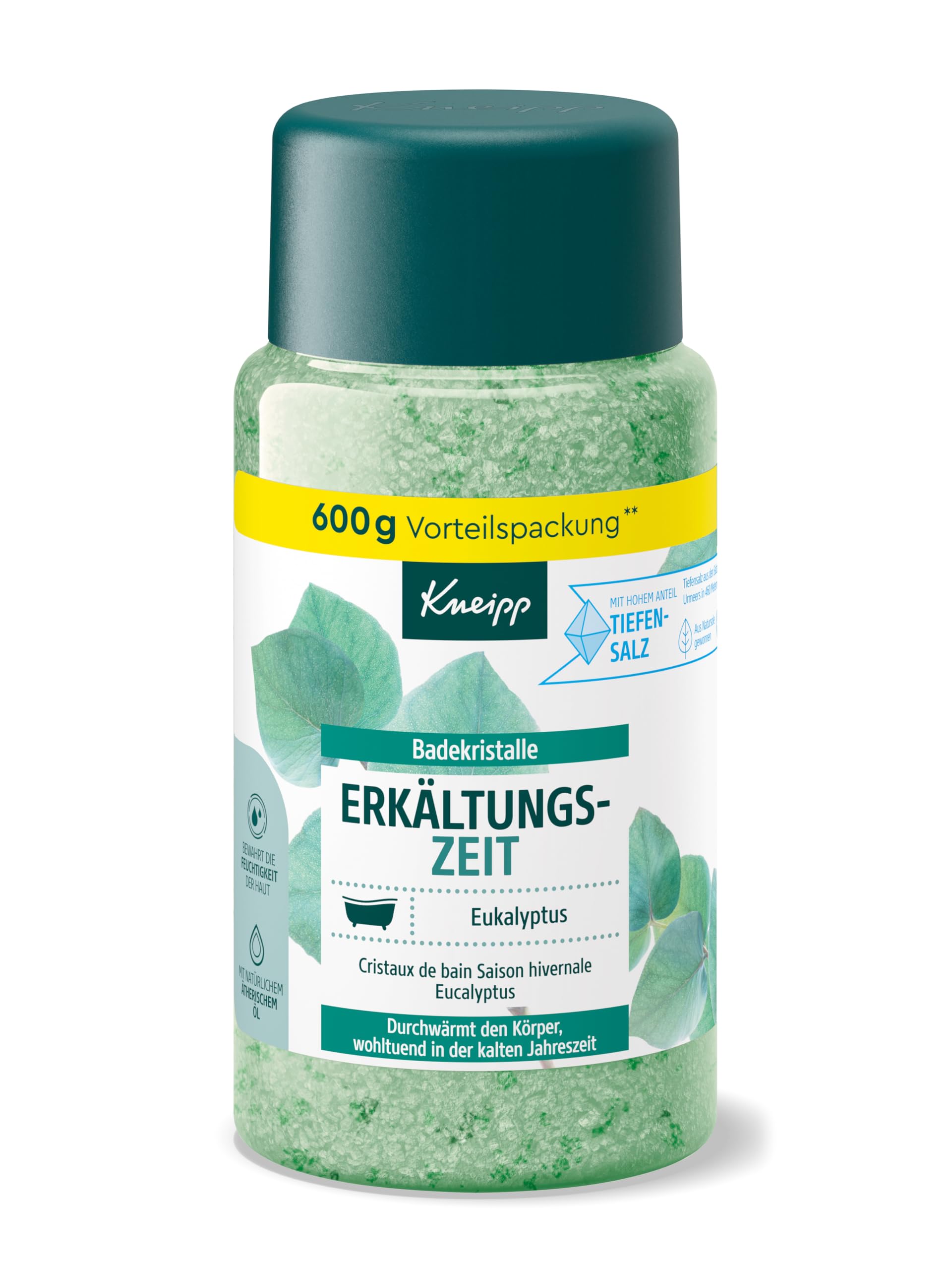 Kneipp Badekristalle Erkältungszeit - Badesalz Vorratspackung - mit naturreinem Tiefensalz der Saline Luisenhall & natürlichen ätherischen Ölen aus Eukalyptus & Minze - aromakologische Wirkung - 600g Grün 600 g (1er Pack) Angebot bei HelloDeals