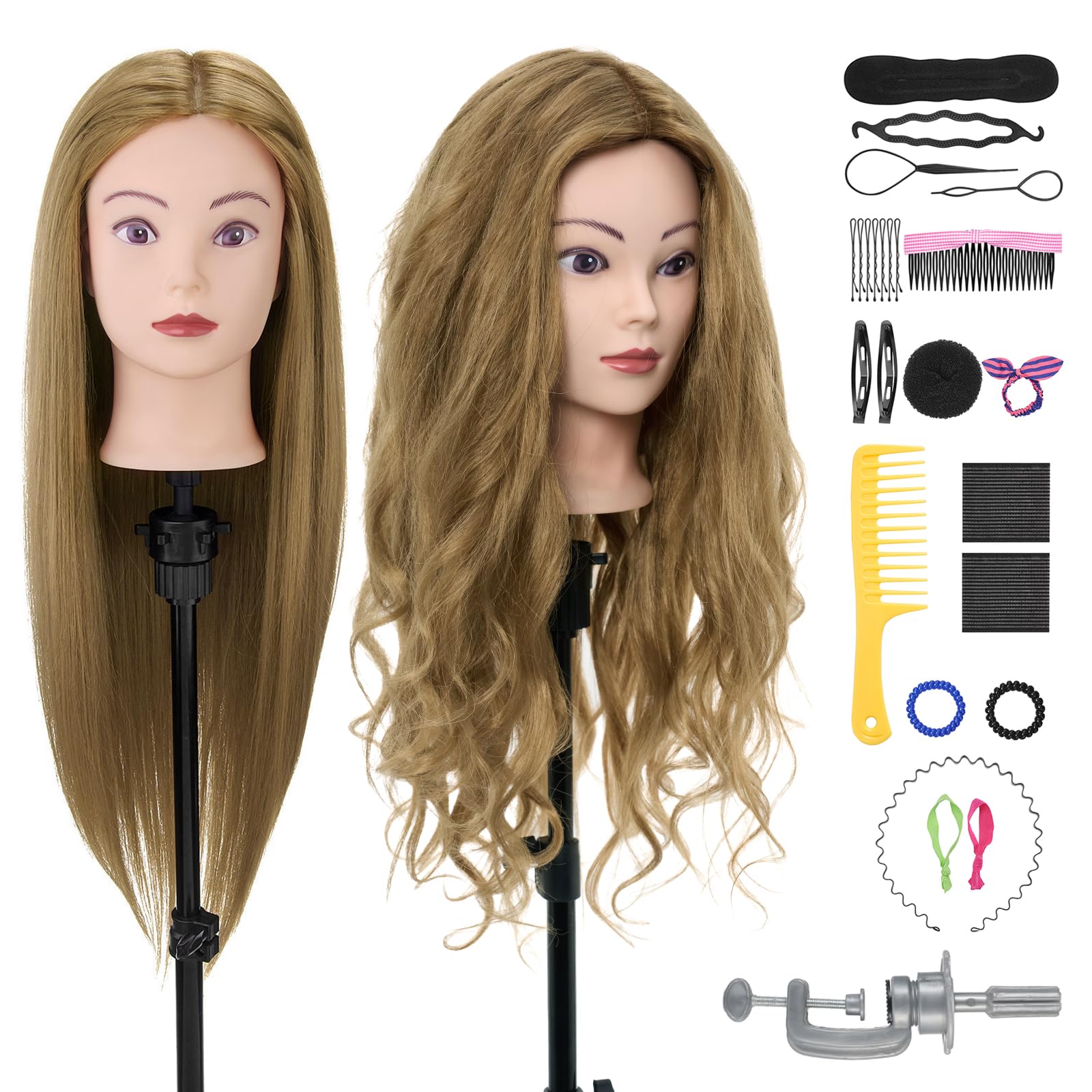 Frisierkopf,Neverland Übungskopf 71cm 80% Echthaar,Frisieren Trainingsköpfe für Friseure Ausbildung Kopf Mit Halter + DIY Haare Set(Blond) Angebot bei HelloDeals