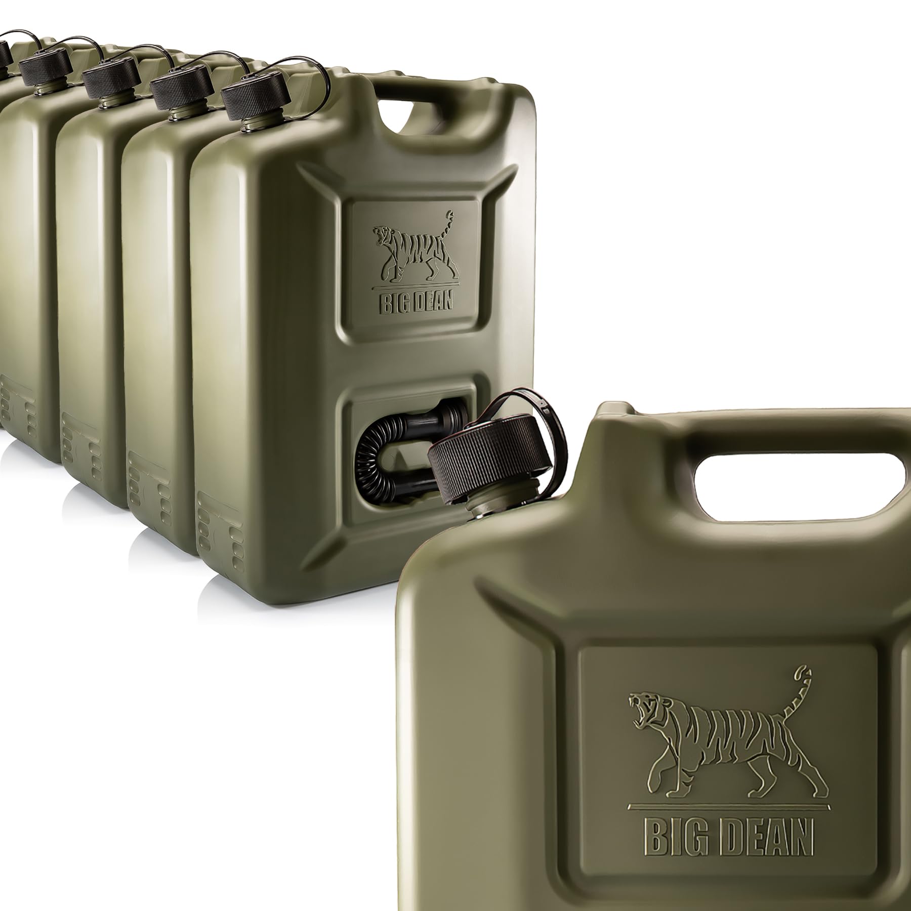 BigDean 5 Stück Benzinkanister 20L in Olivgrün mit flexiblem Ausgießer - Kraftstoffkanister für Benzin & Diesel - Kanister Dieselkanister Reservekanister - Made in Germany Angebot bei HelloDeals