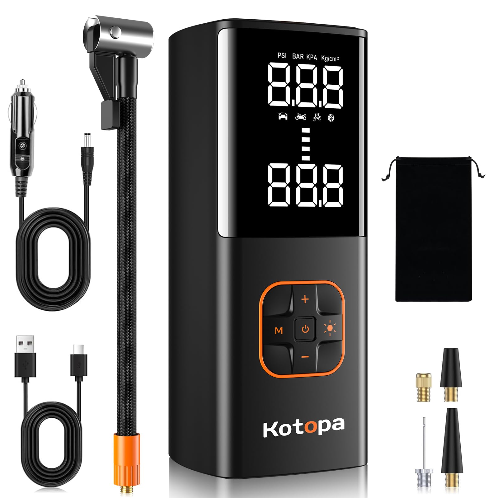 Kotopa Elektrische Luftpumpe, 150 PSI Akku Luftpumpe mit LED-Licht & Powerbank, Akku Kompressor mit 4 Ventilen für Auto/Fahrrad/Motorrad/Ball Schwarz Angebot bei HelloDeals