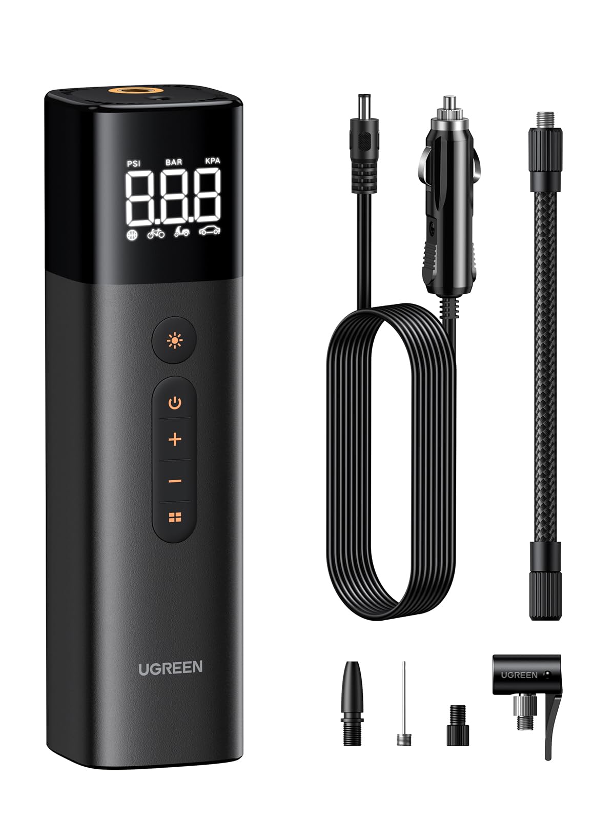 UGREEN Luftpumpe mit Zigarettenanzünder (0.2-10.3bar / 3-150psi )Elektrischer Kompressor Tragbar Fahrradpumpe Mini Reifenpumpe mit Digital LED Anzeige LED Licht für alle Fahrräder Motorräder und Autos Angebot bei HelloDeals