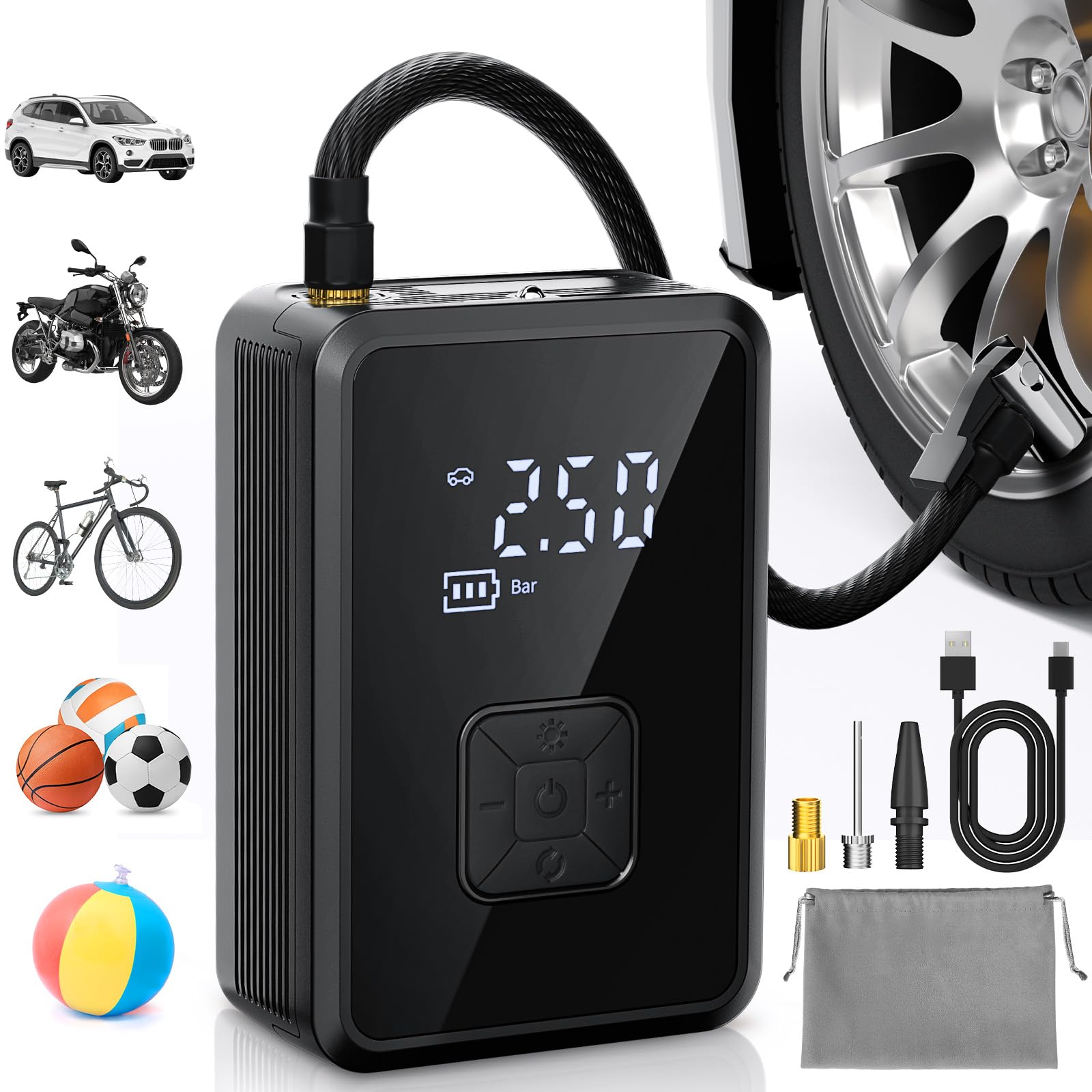 Oasser Elektrische Luftpumpe 150PSI Fahrradpumpe Akku Luftpumpe Tragbarer mit LED Licht für Auto Motorrad Fahrrad Ball Reise Camping Angebot bei HelloDeals