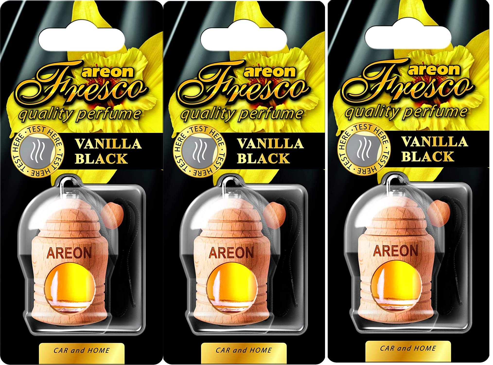 AREON Fresco Auto Vanille Schwarz Duft Glas Duftflakon Set Flakon Holz Set Hängend Anhänger Spiegel 4ml (Pack x 3) Vanille 4 ml (3er Pack) Angebot bei HelloDeals