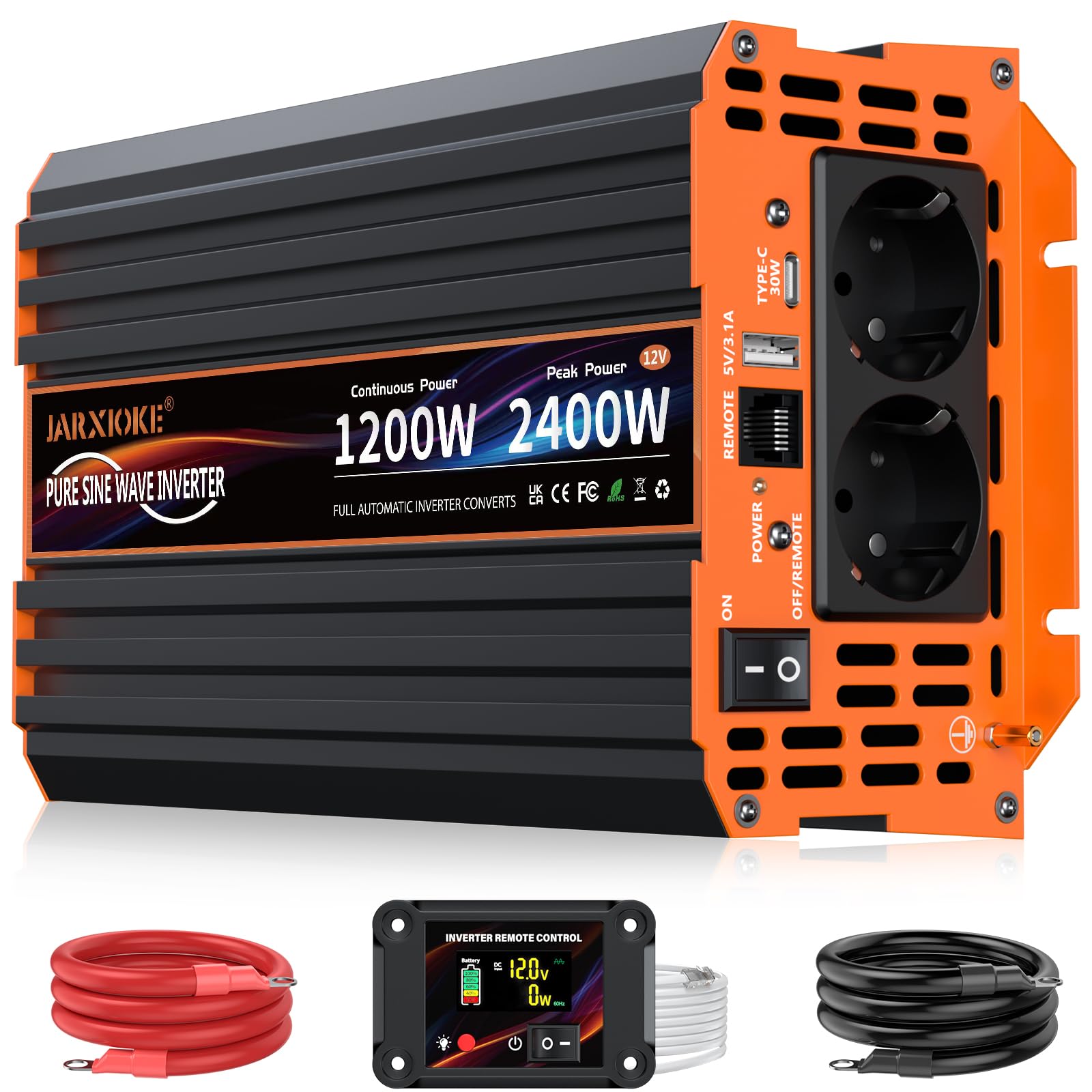 Wechselrichter 1200W Reiner Sinus Spannungswandler 12V auf 230V Power Inverter mit LCD Fernbedienung,USB Ports,Type-C Port,2 AC-Steckdosen für Solar,Fahrzeuge,Wohnmobil,Stromausfall,Reise 12V 1200W Angebot bei HelloDeals