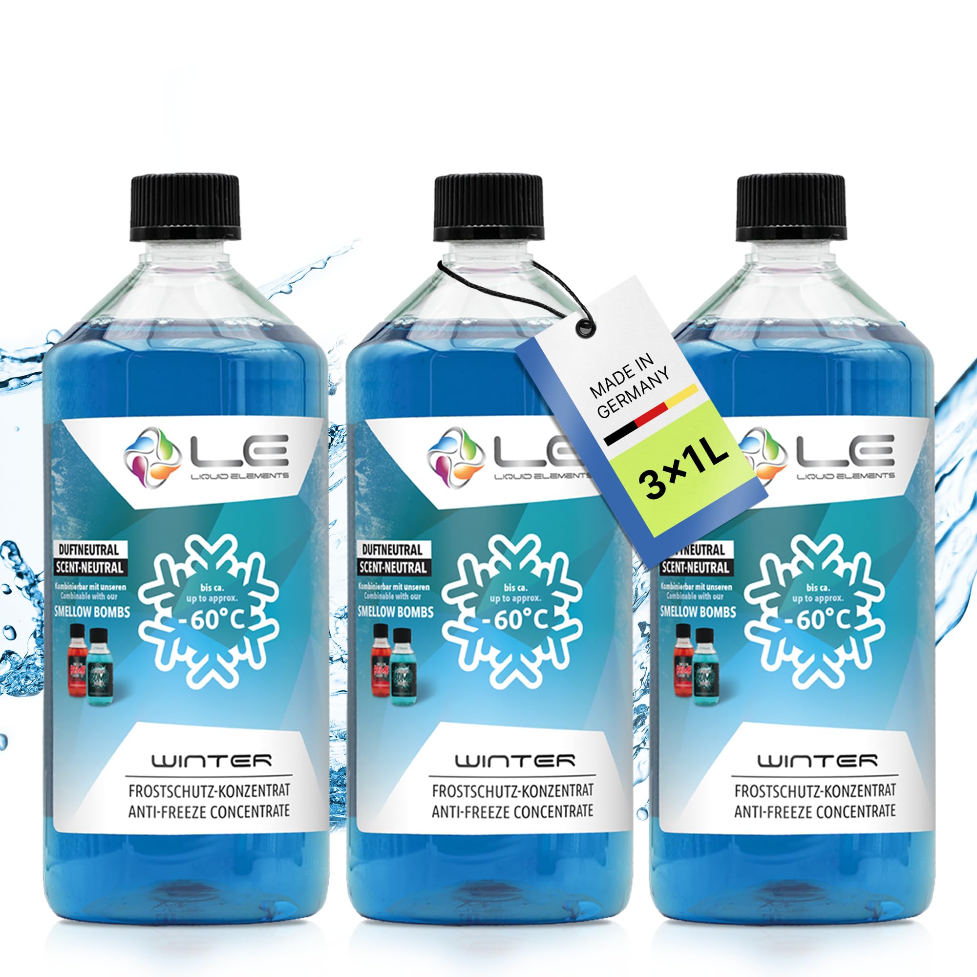 Liquid Elements – Winter Frostschutz Konzentrat 3x 1L – Frostschutzmittel schlierenfrei & wirksam bis -60°C – Scheibenfrostschutz verhindert das Einfrieren von Scheibenwaschanlagen (Duftneutral) Duftneutral 1 l (3er Pack) Angebot bei HelloDeals