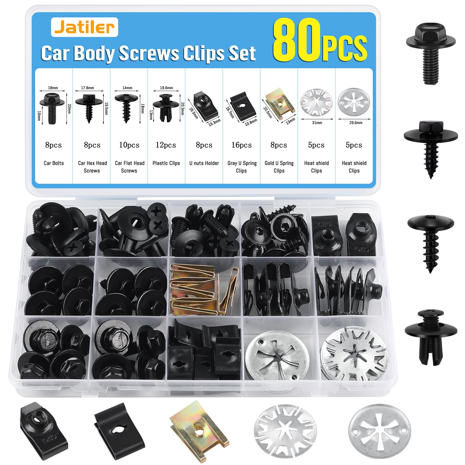 JatilEr 80 Stück Karosserieschrauben Clips Set, Kfz Blechmuttern Schraube Mutter Clip Kit, U Typ Befestigungsclips mit Klemmscheiben Hitzeschutzblech für Auto Body Undertray Fender Türverkleidung Angebot bei HelloDeals