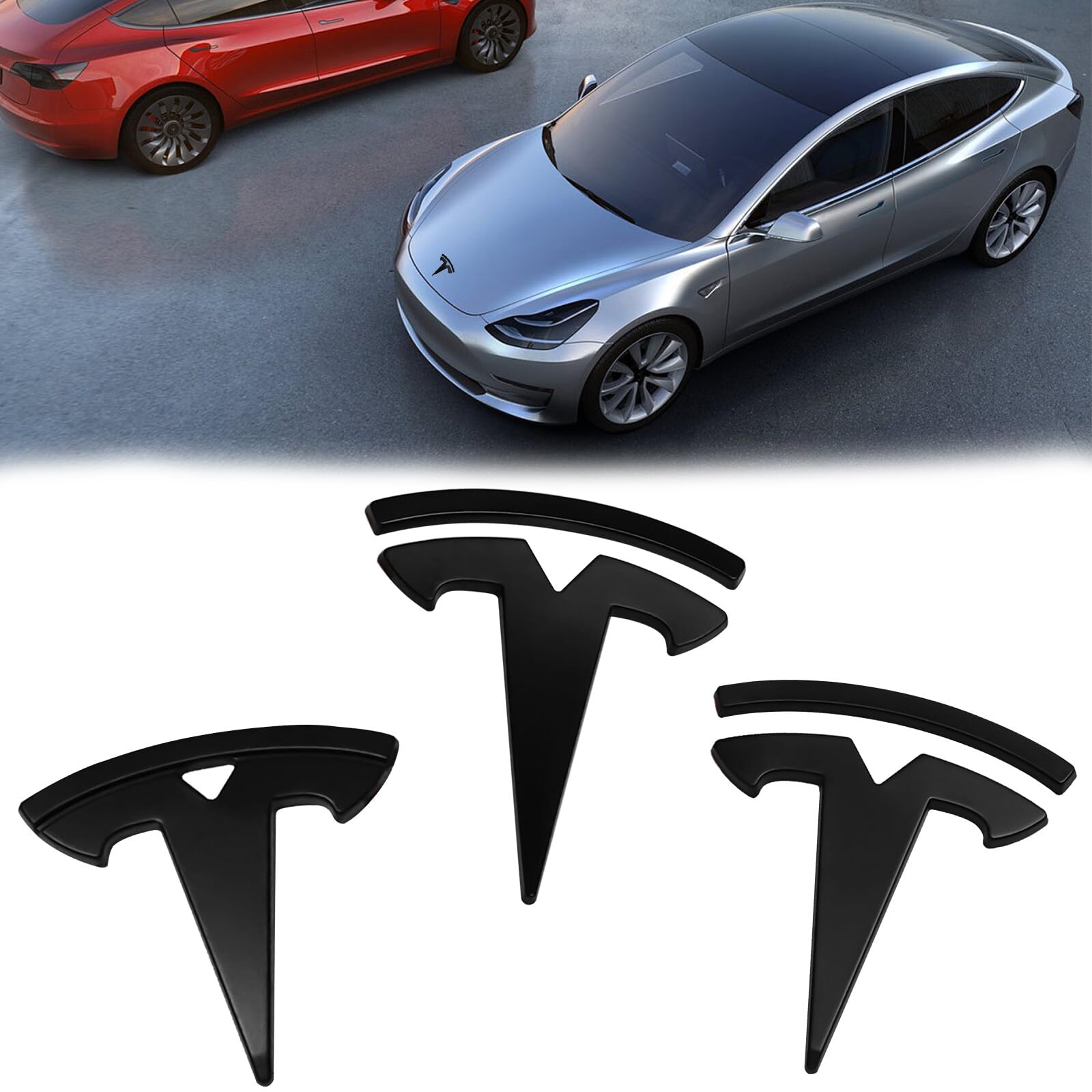 3 Stücke Tesla Emblem Logo: Modell 3 Auto Marke Etikett Front Motorhaube Frontkennzeichen Kofferraum Lenkrad Logo Aufkleber Mattschwarze Emblem Auto Zubehör Kompatibel mit Tesla Model 3 Angebot bei HelloDeals
