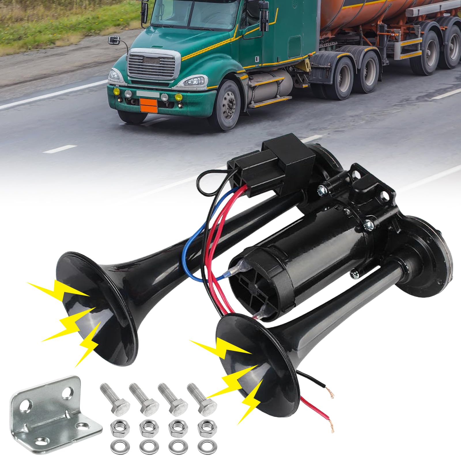 LKW Hupe 12V, Doppelrohr Lufthorn, Super Laut Air Horn, Laut Autohupe, LWK Hupe, Train Horn mit Kompressor, Lufthorn Drucklufthorn Laute Hupe Kit für 12 V Fahrzeug, PKW, Zug, Boot, Auto, Van Angebot bei HelloDeals