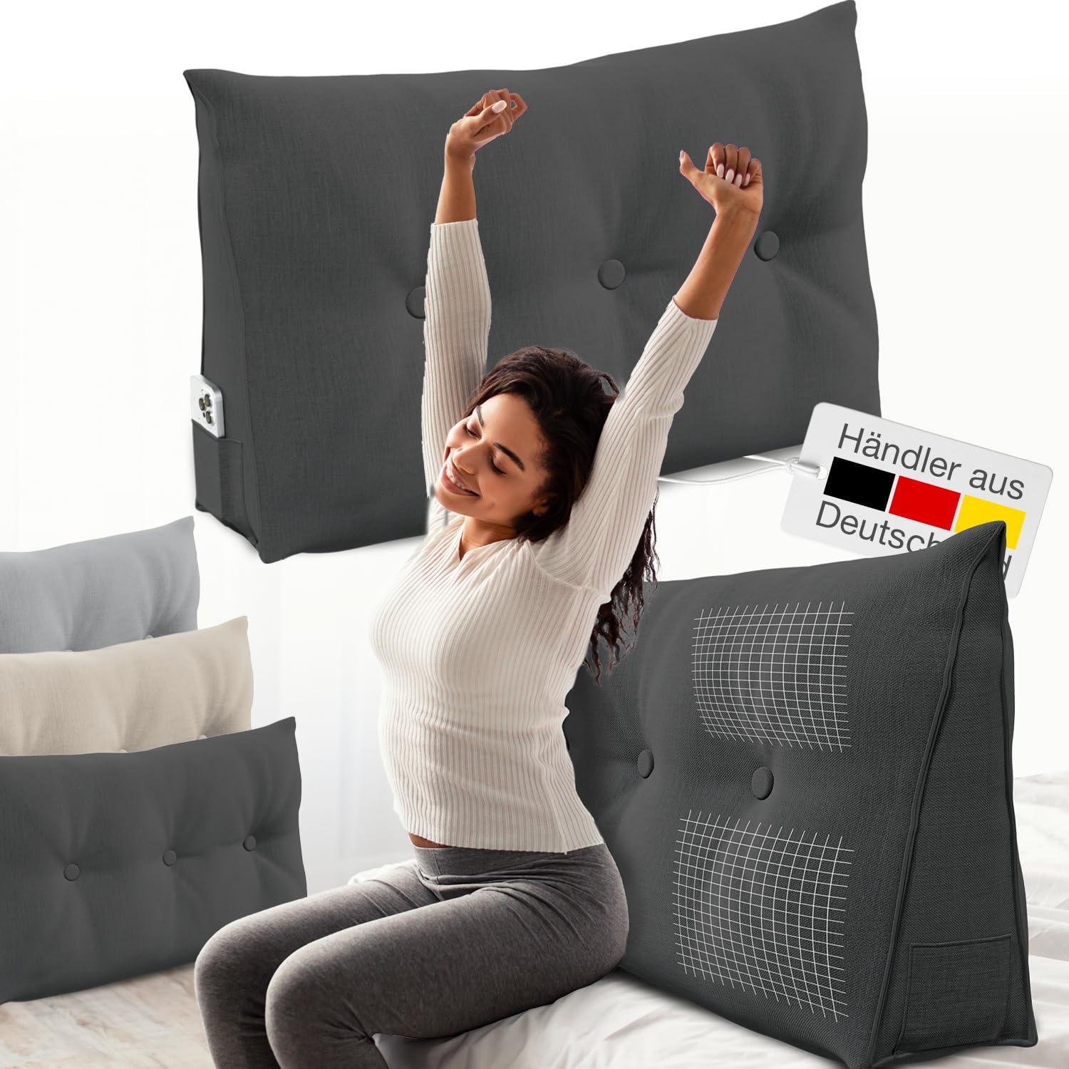 ELONEO Rückenkissen 100 cm breit, Keilkissen für Bett und Sofa geeignet, dreieckiges Lesekissen, Kissen mit abnehmbarem und waschbarem Bezug, mit praktischem Seitenfach Anthrazit 100 cm Angebot bei HelloDeals