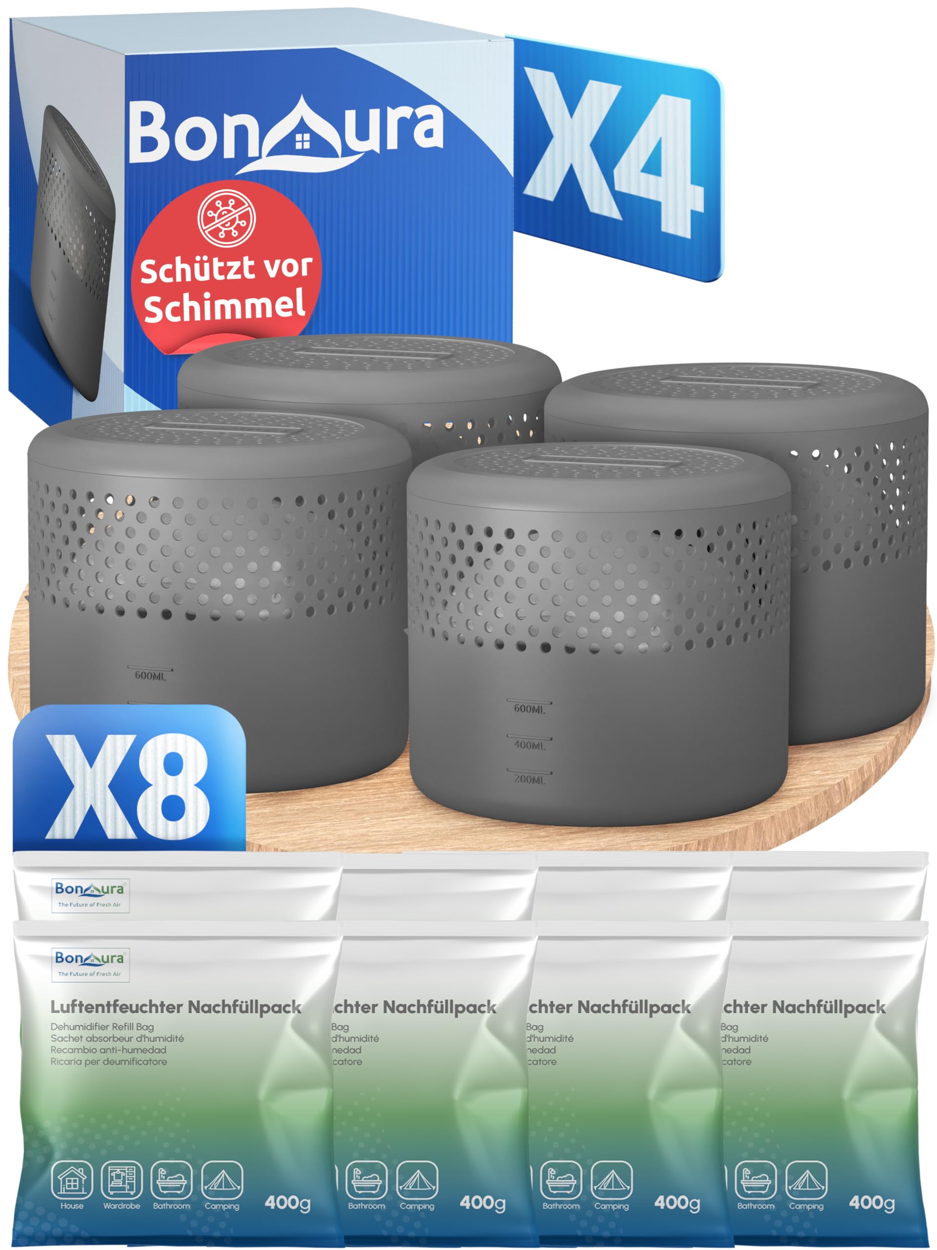 BonAura® 4x Luftentfeuchter ohne Strom + 8x 400g Luftenfeuchter Nachfüllpack - Raumentfeuchter bis 40m² für Keller, Bad uvm. - Entfeuchter und Luftentfeuchter Granulat im Set - Schutz vor Schimmel 4 X Titanium Gray Angebot bei HelloDeals