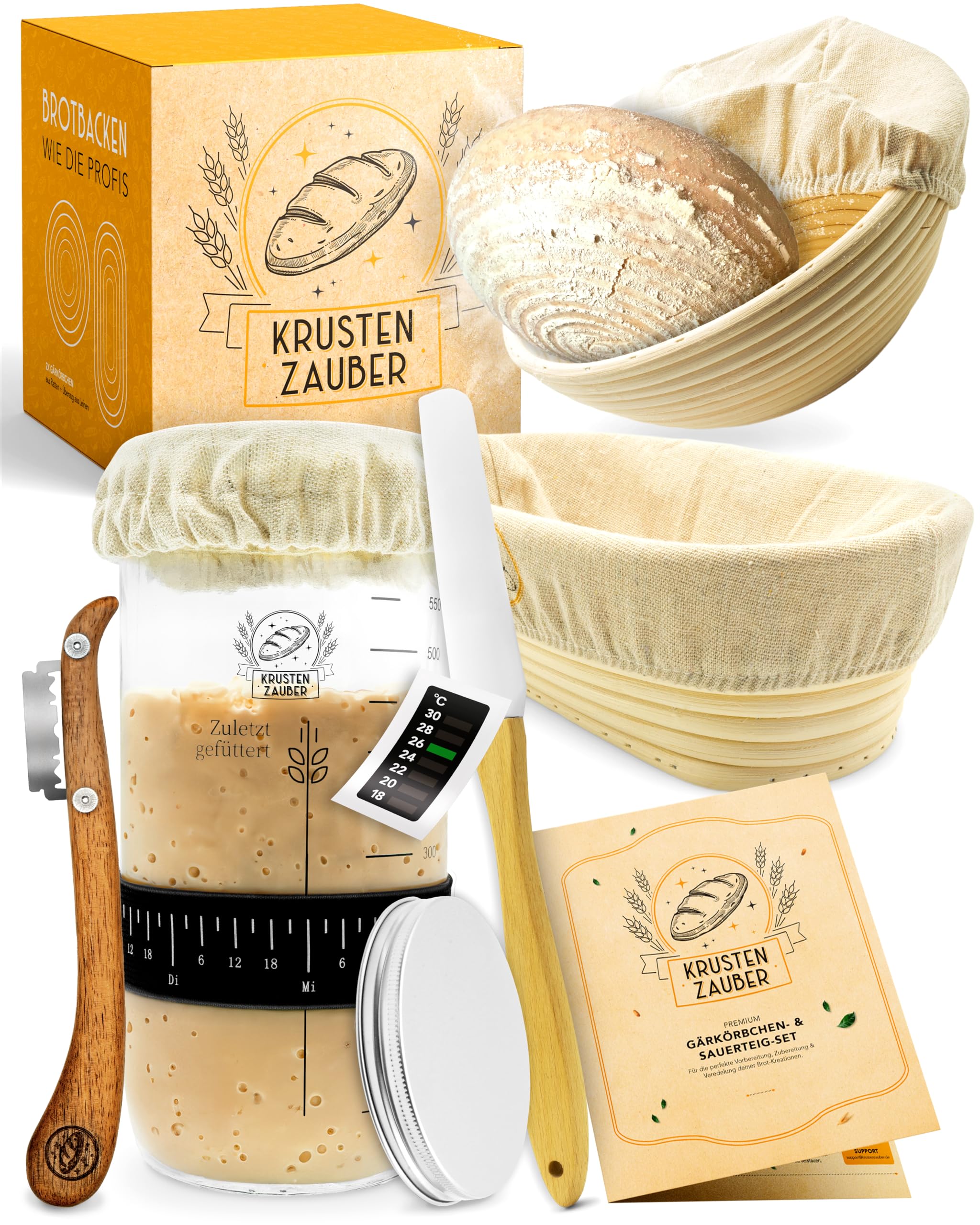 KRUSTENZAUBER 2er Set Gärkörbchen & 600ml Sauerteig Starter Set im Vorteilspack - Gärkörbe aus Rattan inkl. Gärtuch sowie Gärglas mit Spatel und Bäckermesser, Brot Backen Zubehör, Sauerteig-Glas Gärkorb-Set + 600ml Starter + Zubehör Angebot bei HelloDeals