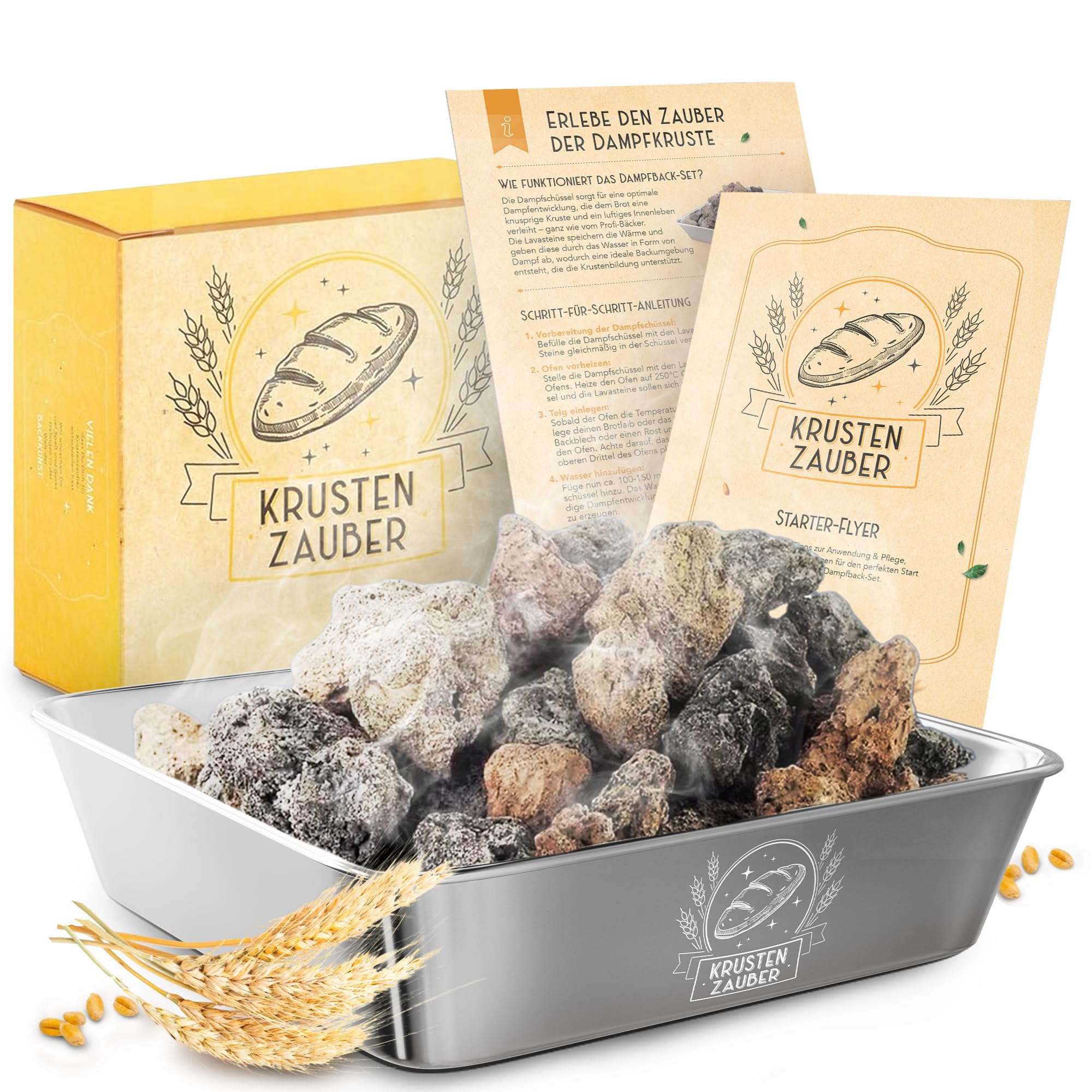 KRUSTENZAUBER Lavasteine Backofen zum Brot backen inkl. Edelstahl Dampfschüssel für optimale Wärmeverteilung dank natürlichen Wasserdampf, Brot Back Zubehör für knuspriges selbst gemachtes Brot Dampfschüssel mit Lavasteinen Angebot bei HelloDeals