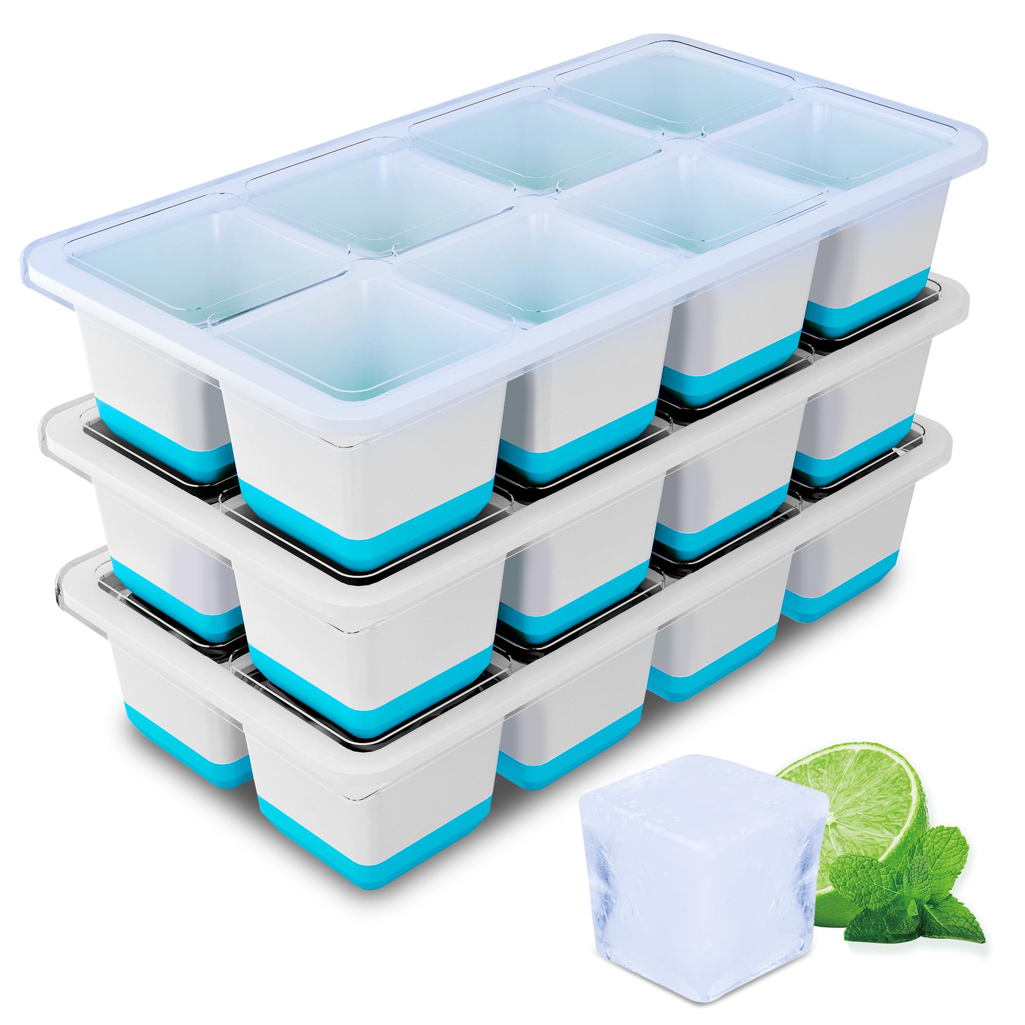 Eiswürfelform Groß, 3 Pack Große Eiswürfelbehälter mit Deckel, Leichtes Lösen, BPA-Freie Silikon Eiswürfelformen, 4,5cm Eiswürfel xxl für Whiskey, Cocktails und Getränke (Blau Silicone Ice Cube Tray) 8-3 Blau Angebot bei HelloDeals