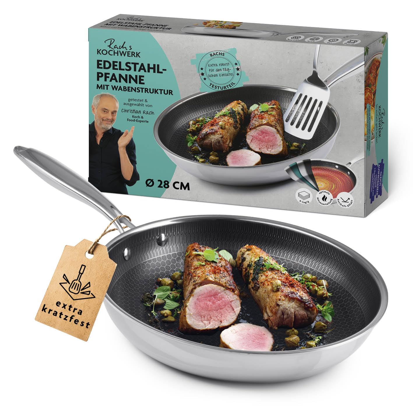Kochwerk Rachs Bratpfanne mit Wabenstruktur ⌀28 | Edelstahl-Pfanne mit Antihaftbeschichtung & hohem Rand | Geeignet für alle Herdarten | Kratzfest & backofenfest | Inkl. 2 Rezeptideen ⌀28 cm Angebot bei HelloDeals