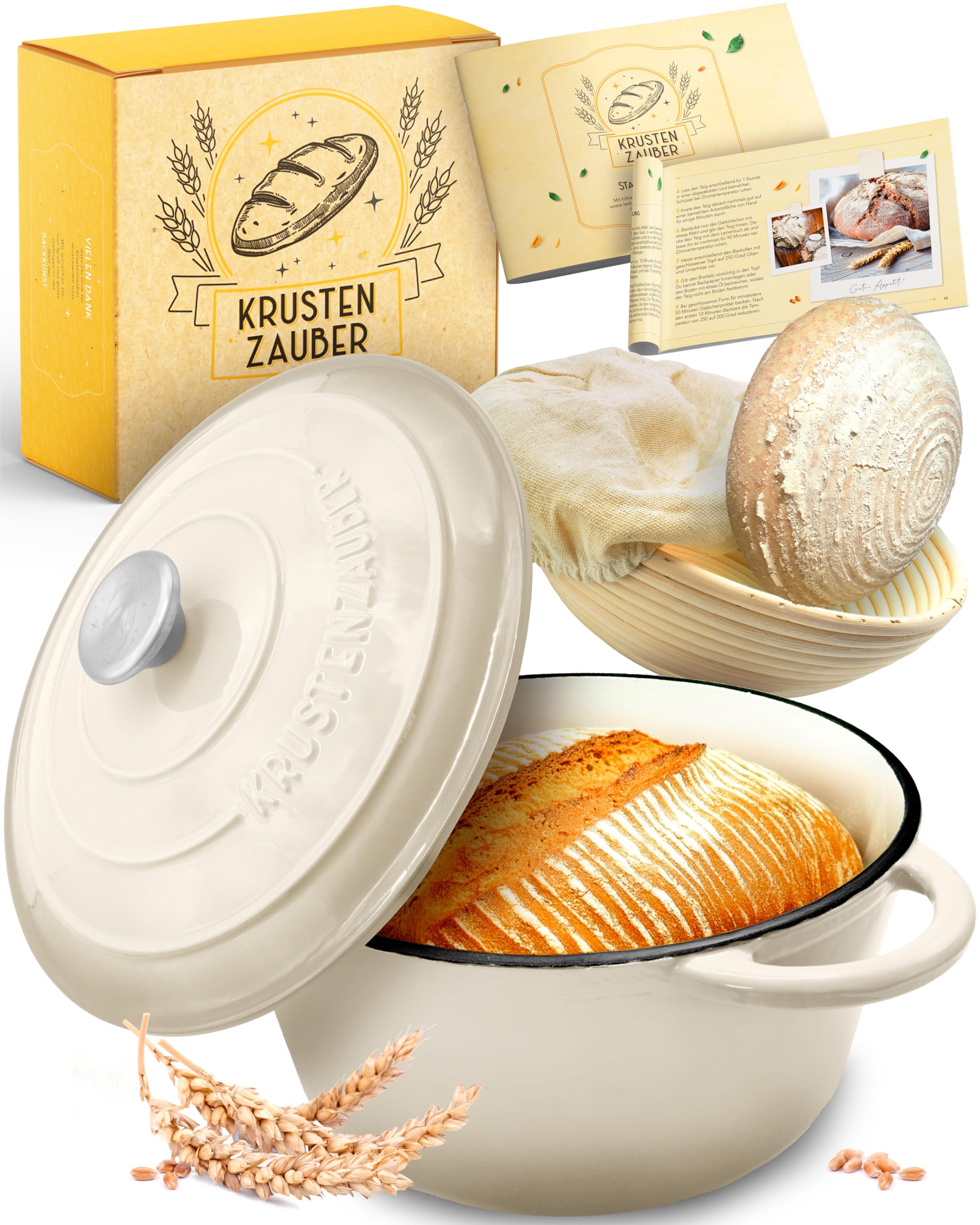 KRUSTENZAUBER Gusseisen Topf Brot backen emailliert inkl. Gärkorb - 26cm Emaille-Topf samt Zubehör - Ideal als Brotbacktopf, Brottopf, Brotbackform mit Deckel, Gusseisentopf Brotbacken, Schmortopf Creme Topf Angebot bei HelloDeals