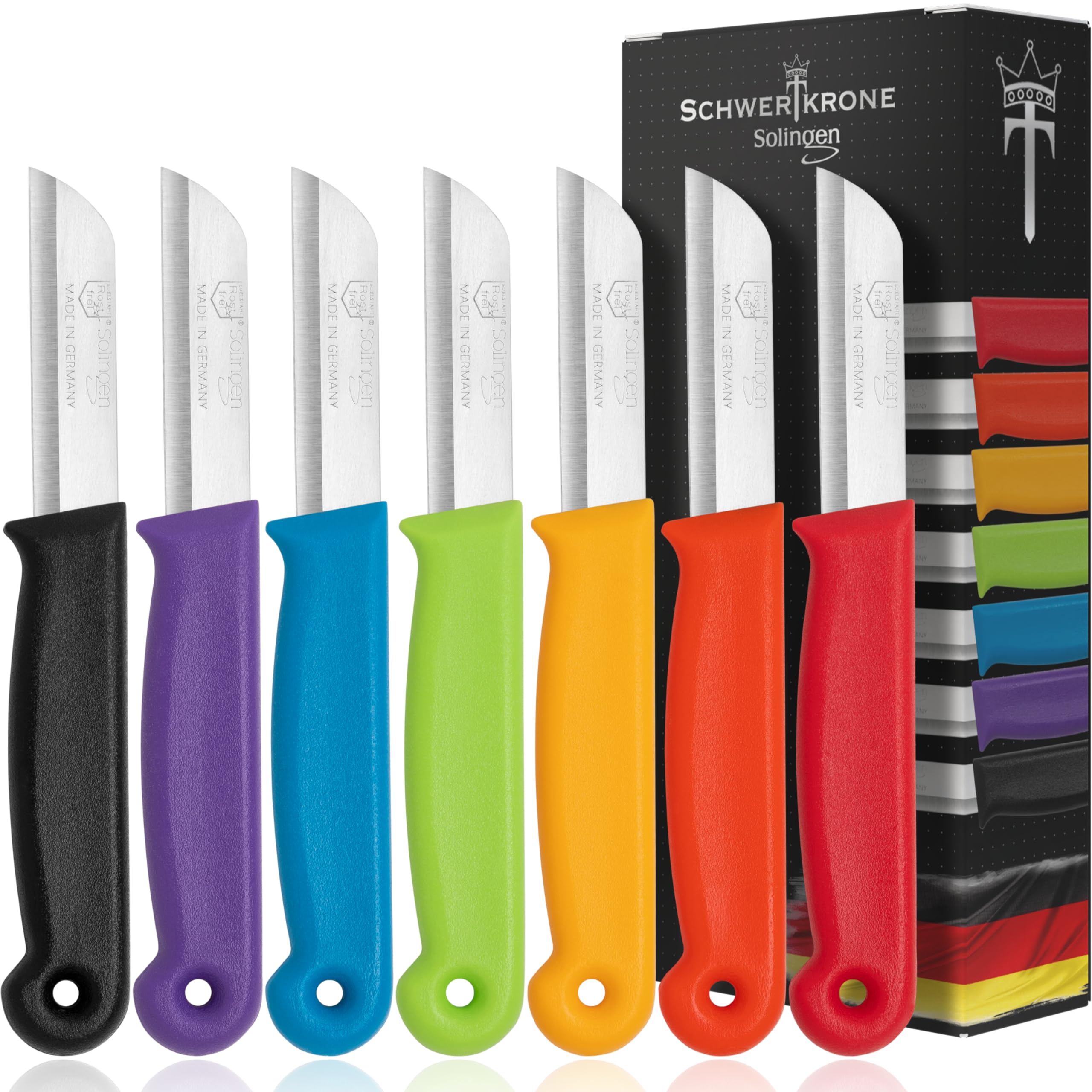 Schwertkrone® Schälmesser 7er Set [MADE IN SOLINGEN - GERMANY] - Gemüsemesser Obstmesser - Küchenmesser klein scharf - Schneidemesser Kartoffelschälmesser - Allzweckmesser (7x bunt - 6cm Klinge) 7 Stück bunt Angebot bei HelloDeals