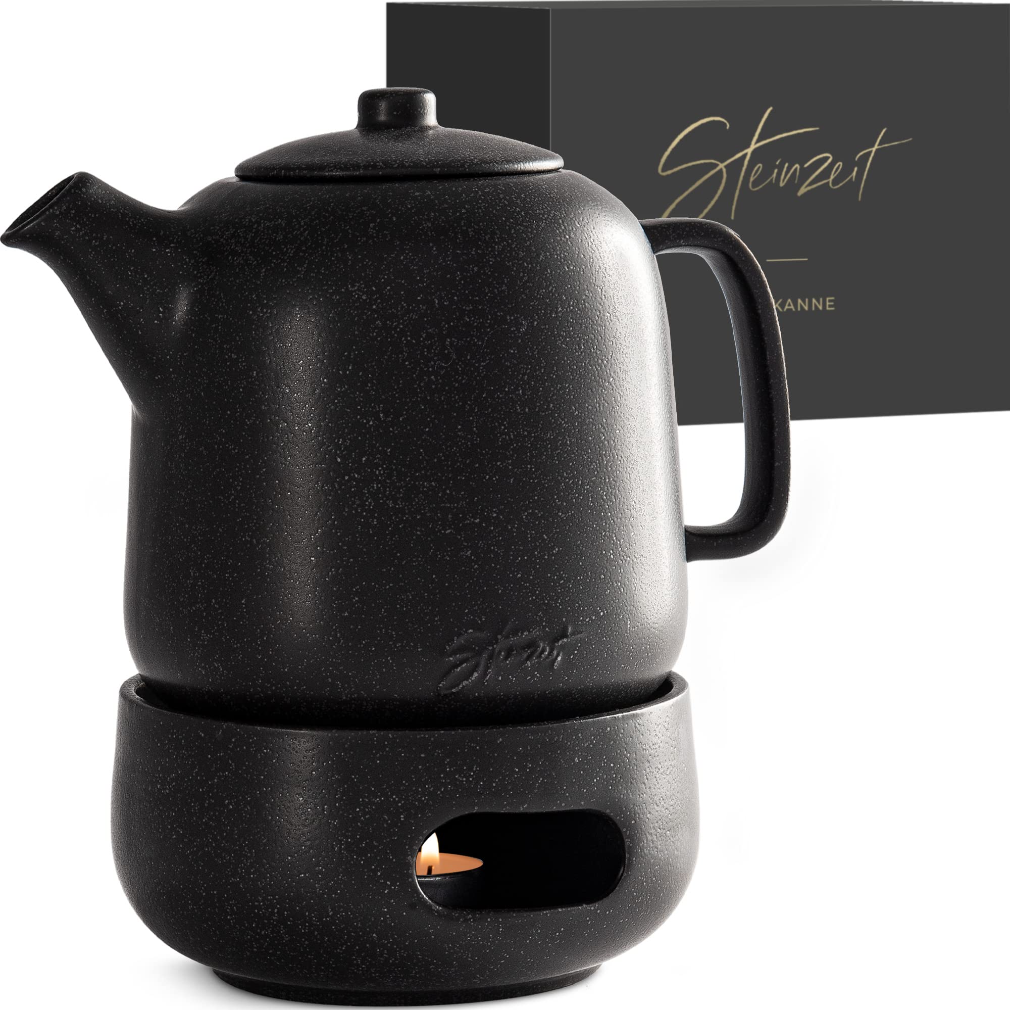 STEINZEIT Design Teekanne mit Stövchen (1,3L) – mit Siebeinsatz aus rostfreiem 304 Edelstahl – Keramik mit einzigartiger Glasur mit Sieb herausnehmbar , schwarz Schwarz 1,3L mit Stövchen Angebot bei HelloDeals