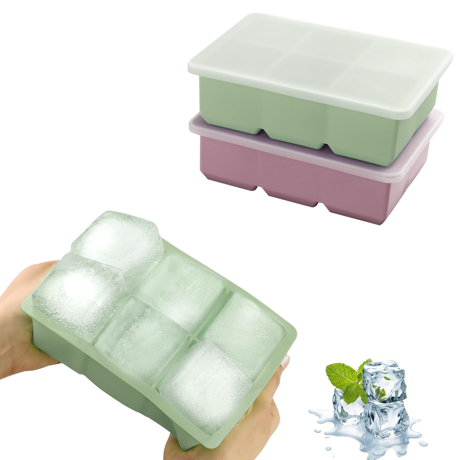 JOPHEK Eiswürfelform, 2 Stück 12 Fach Silikon Eiswürfelschale mit Deckel, Große Quadratische Eiswürfel 4.8cm für Cocktails Whisky Wein Obst Fruchtpürees Eiscreme Eistee Rosa+grün Angebot bei HelloDeals